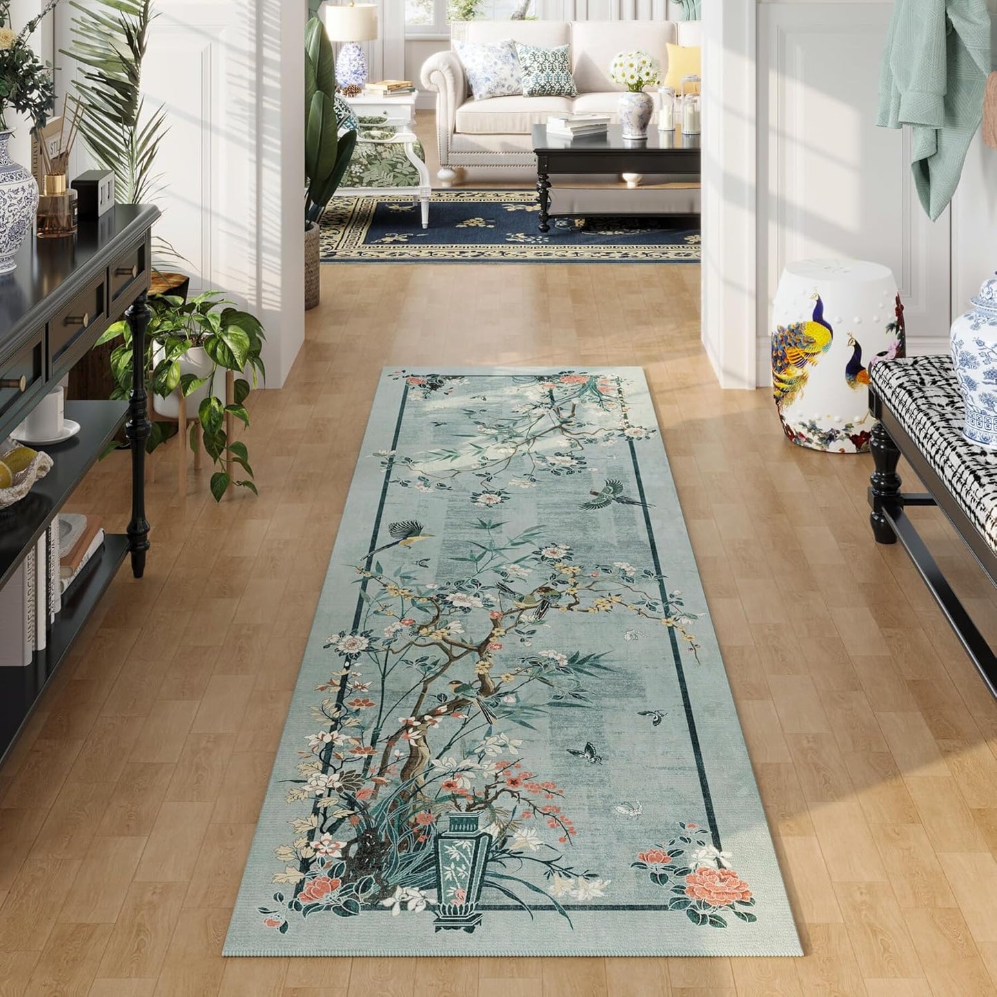 Chinoiserie-Style Floral Runner Rug 2x6 for Vintage Decor