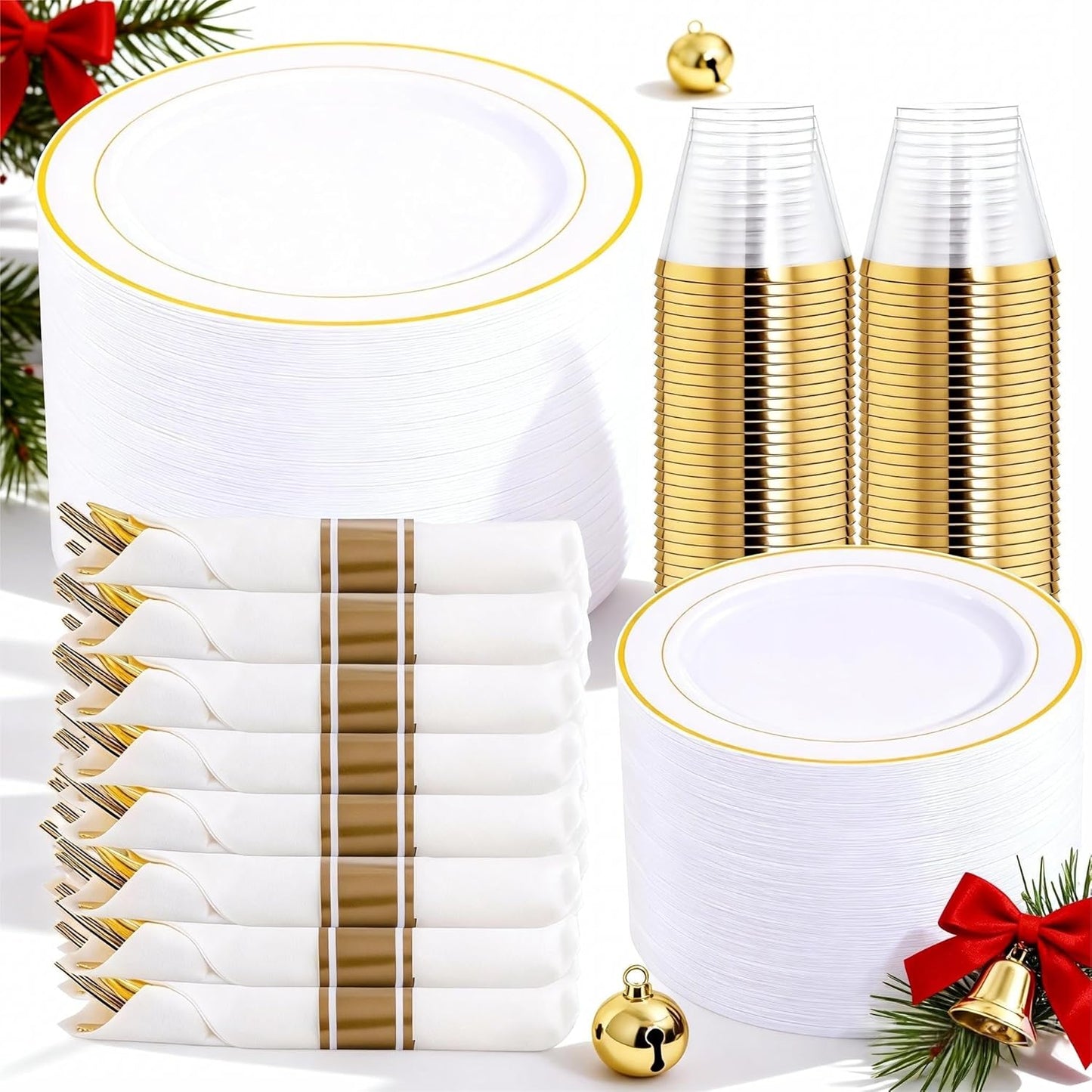 350PCS Gold Plastic Dinnerware Set for 50 Guests - Elegant & Durable