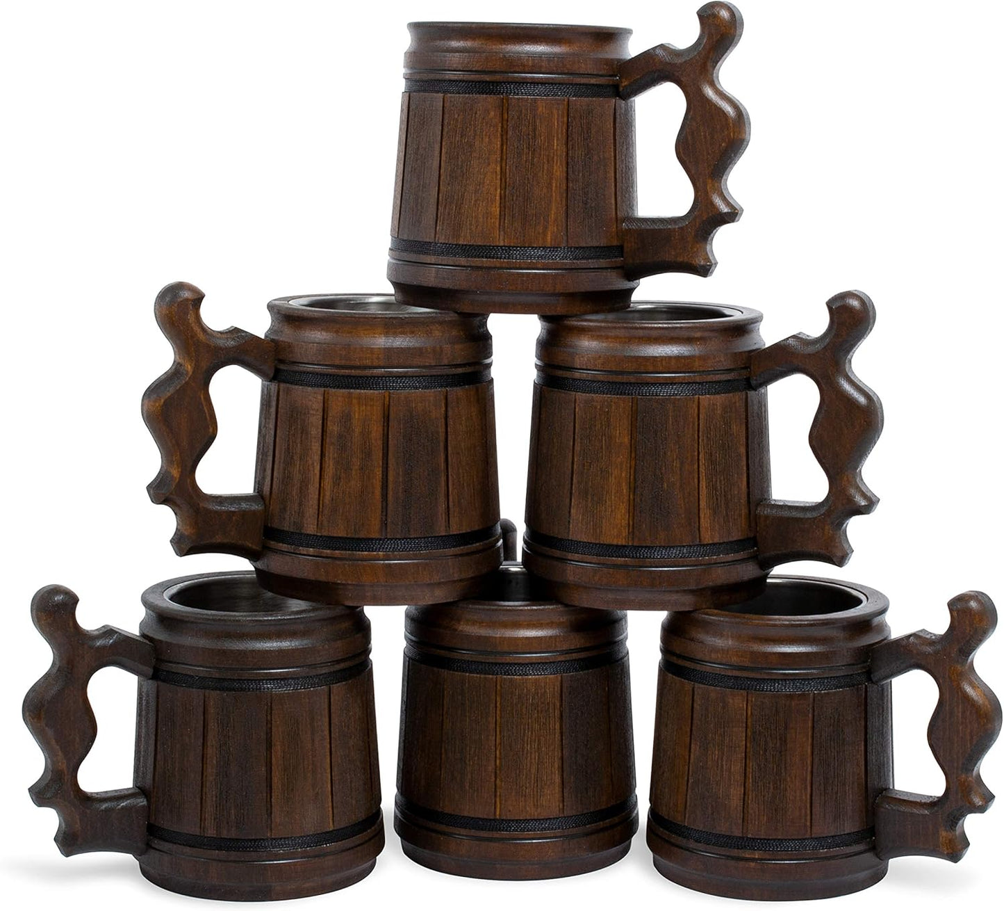 Set of 6 Handmade Wooden Beer Mugs - Perfect Gift for Men