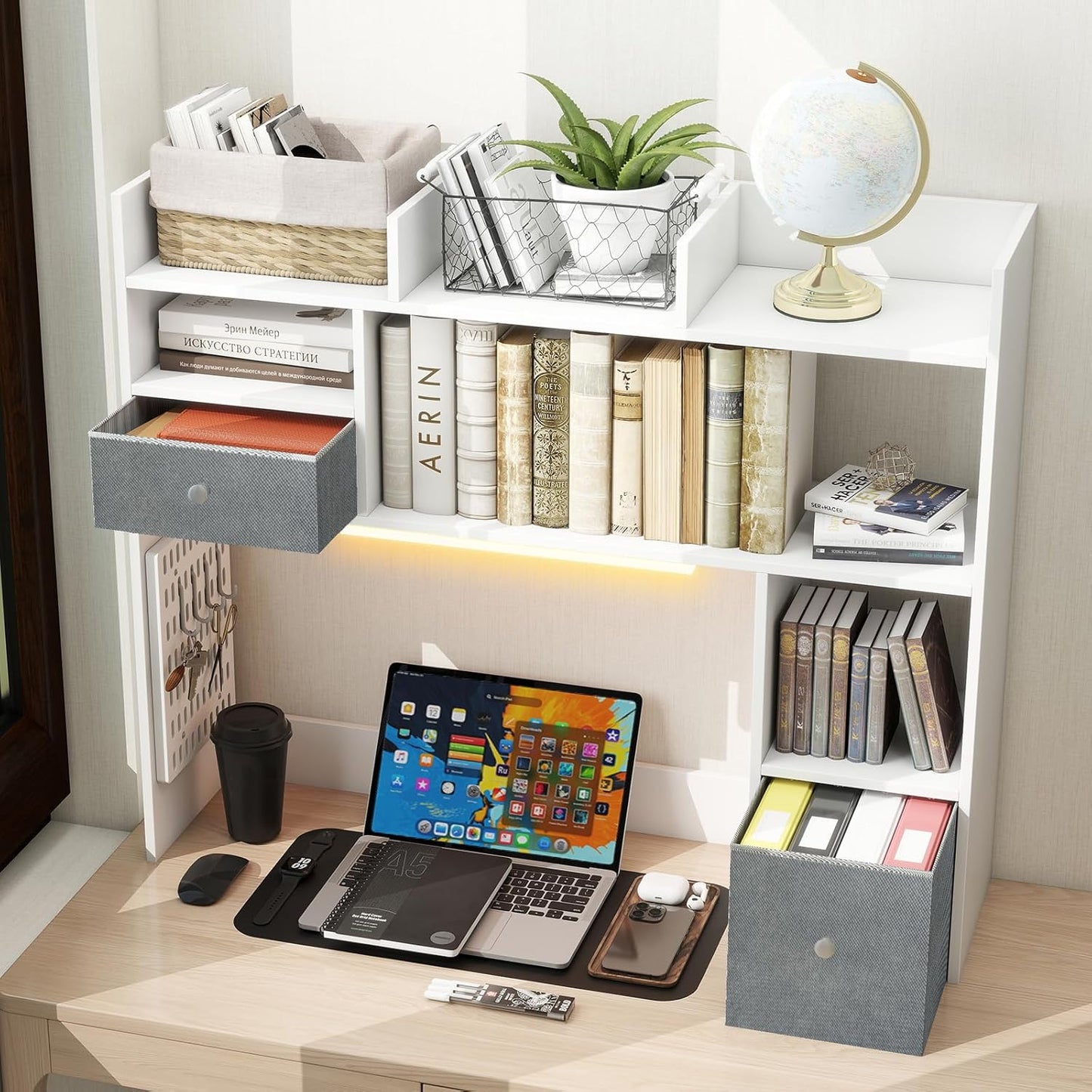 White Desk with Pegboard Organizer & Light