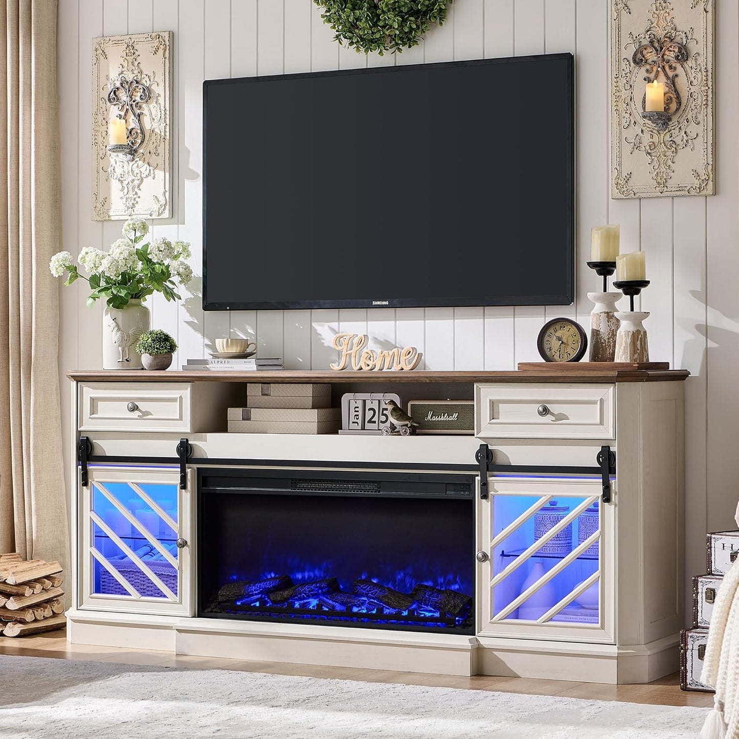 Modern Farmhouse TV Stand with Electric Fireplace