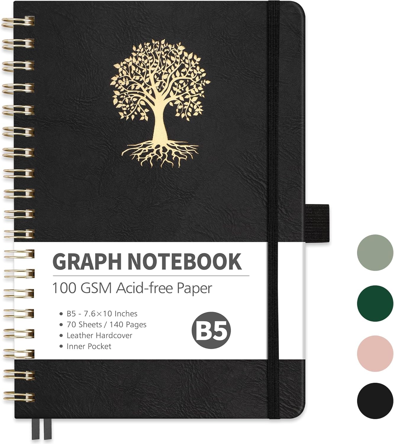Grid Spiral Notebook, 140 Pages, Leather Cover ~ Quality Writing Experience