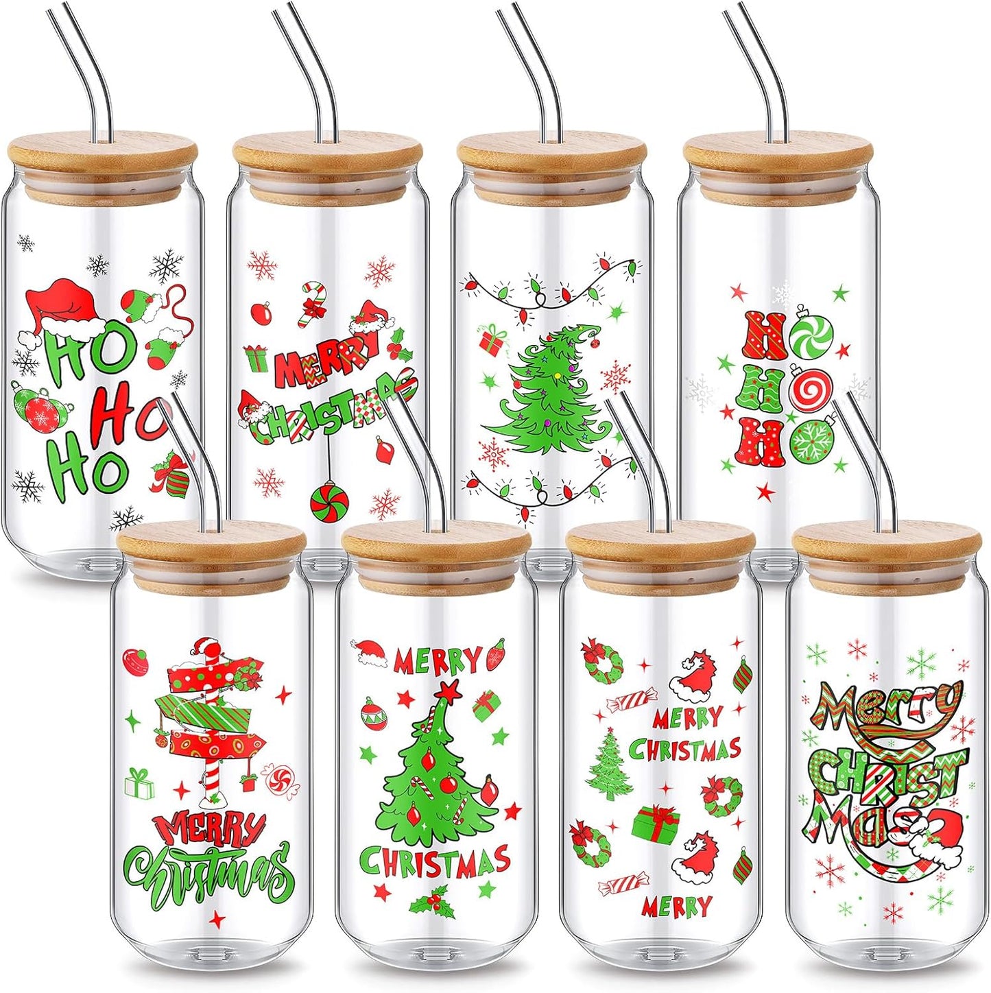 Sliner 8 Pcs 18oz Christmas Mason Jar Cups for Holiday Cheer