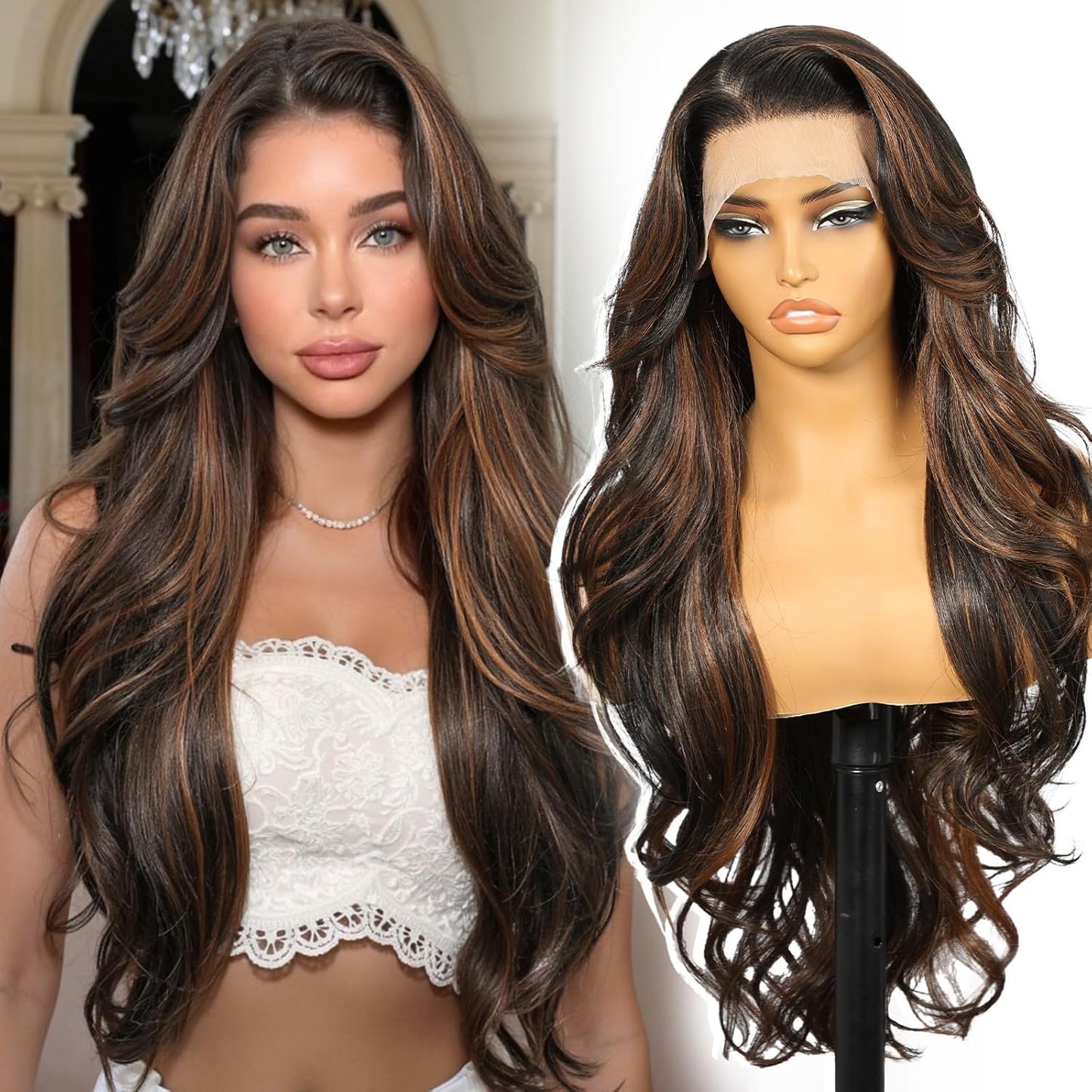 Brown Highlight Synthetic Lace Front Wig for Natural Daily Use