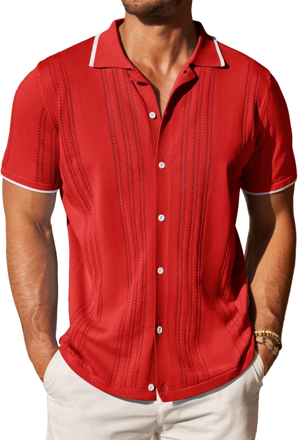 COOFANDY Men's Knit Button Down Shirt for Casual Beach Style