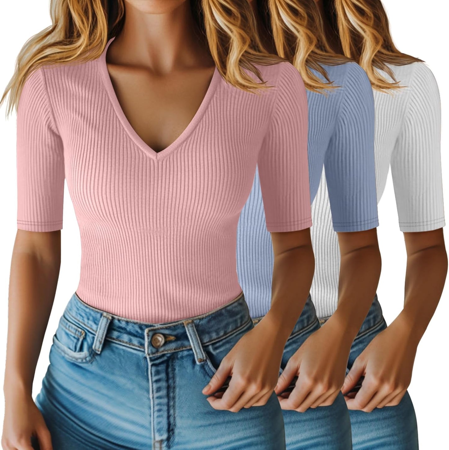 Riyiper Women's Half Sleeve Top V Neck Slim Fit Casual Blouse