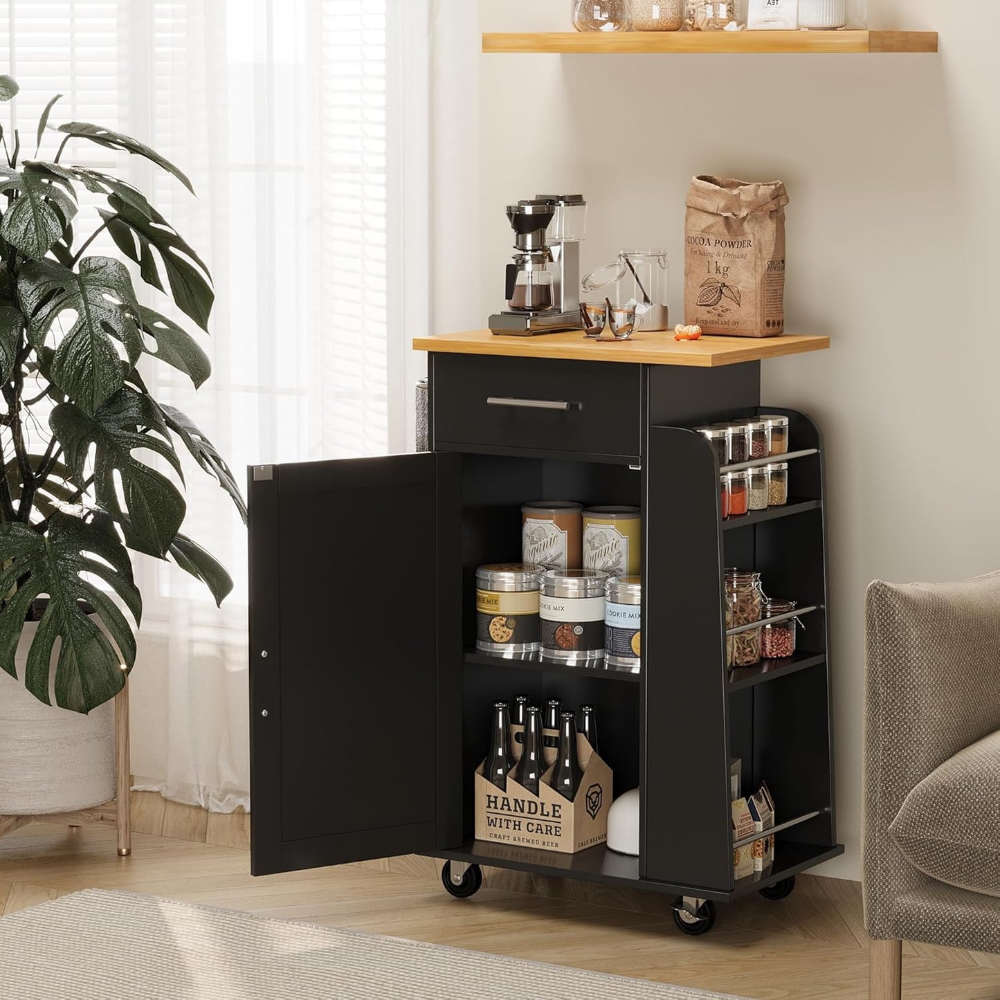 Rolling Kitchen Island: 3-Tier Spice Rack, Storage & Drawer