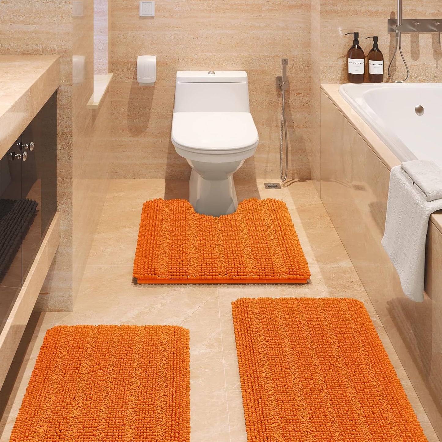 Ultra Soft Striped Orange Bathroom Rug Set 3 Pieces for Luxury