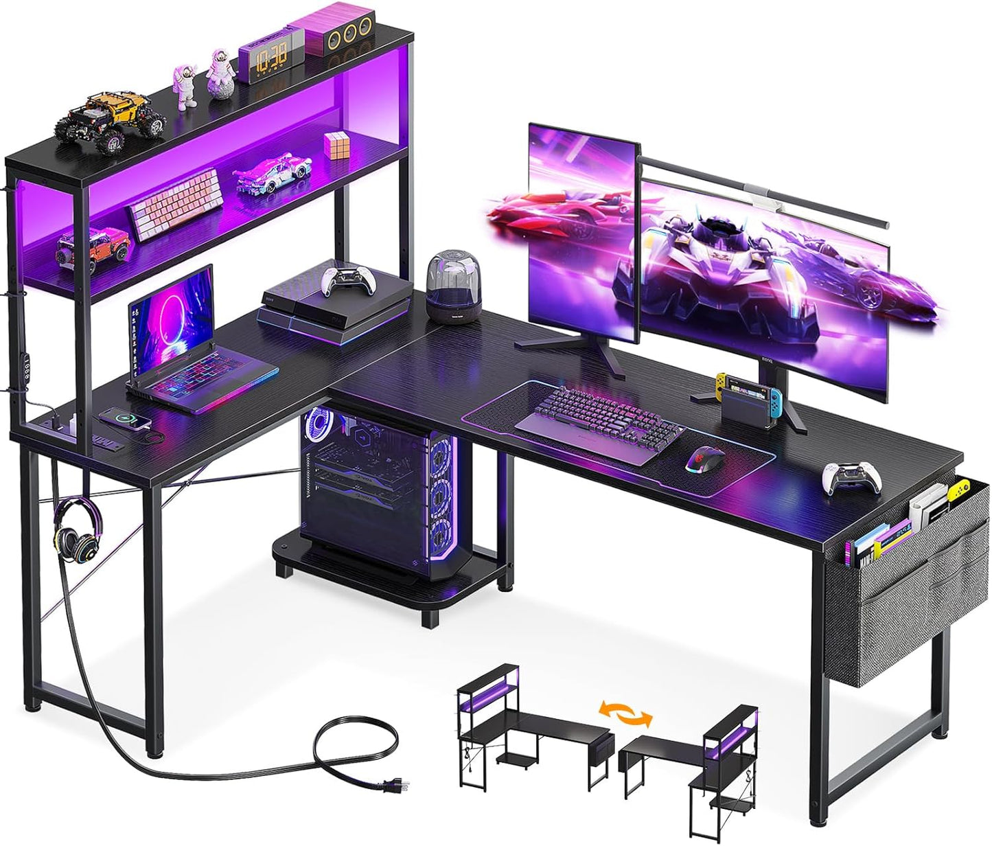 AODK L Shaped Desk with LED Light & Power Outlet for Gaming