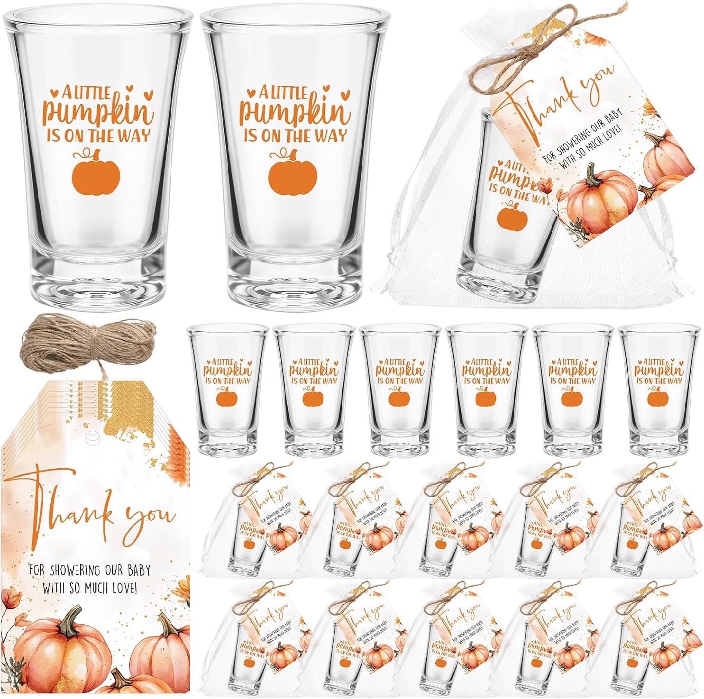 Pumpkin Baby Shower Shot Glasses with Thank You Cards and Bags