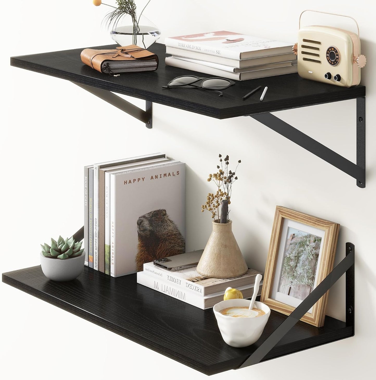 Deep Floating Shelves for Wall - Rustic Black Wooden Display