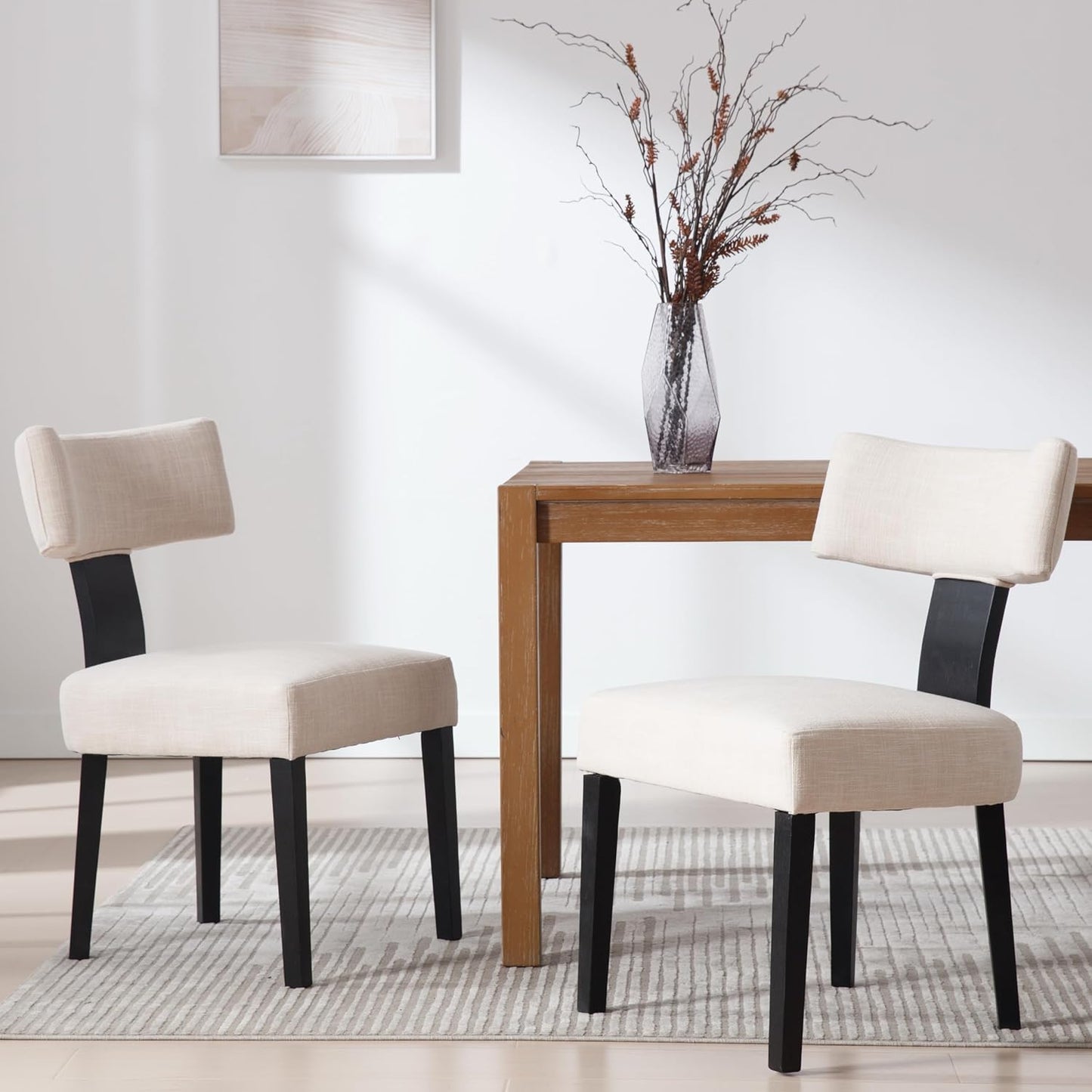 Linen Dining Chairs Set of 2 with Black Wood Legs for Comfort