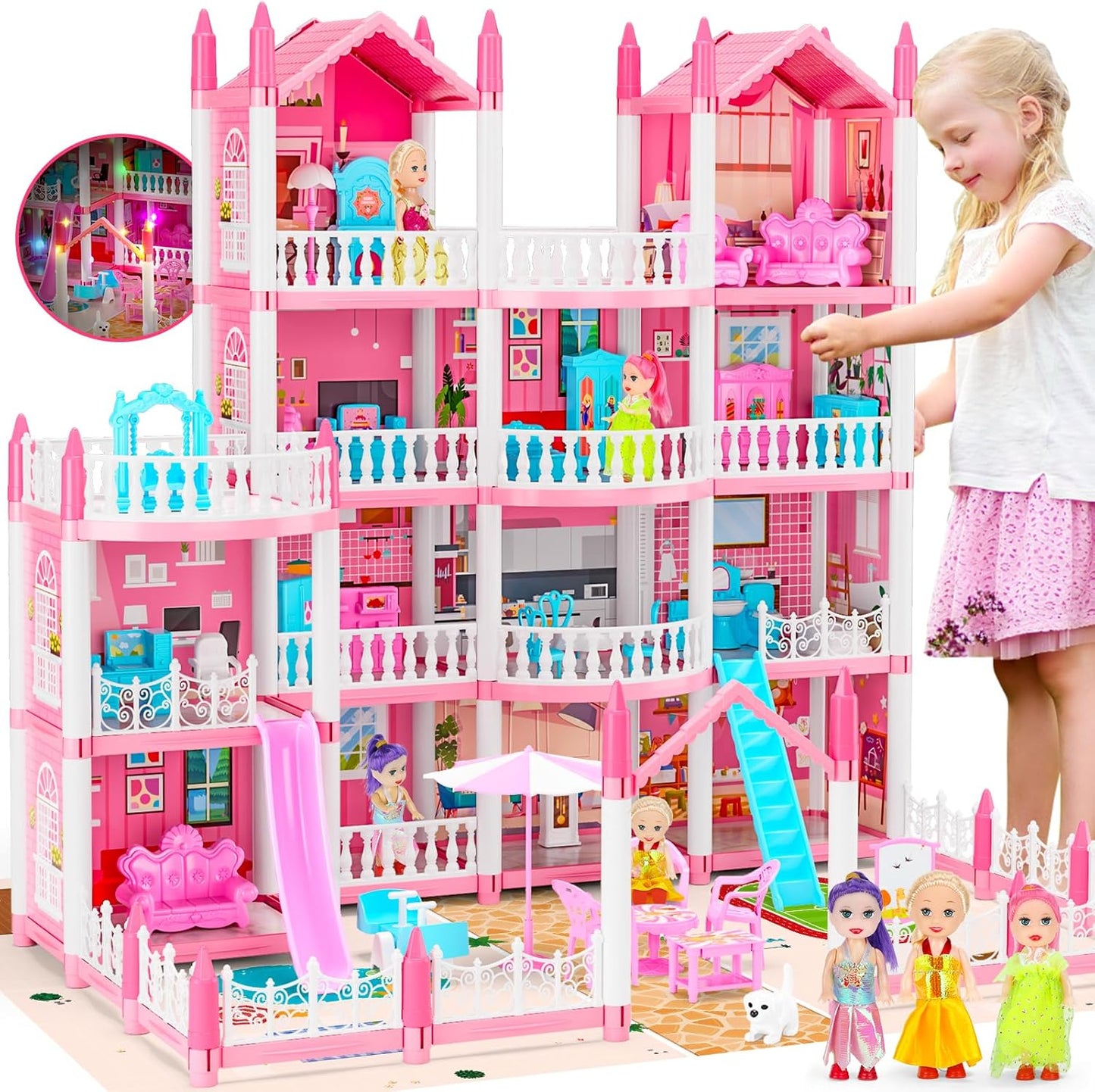 4-Story Huge Dream Doll House with Dolls and Accessories for Kids