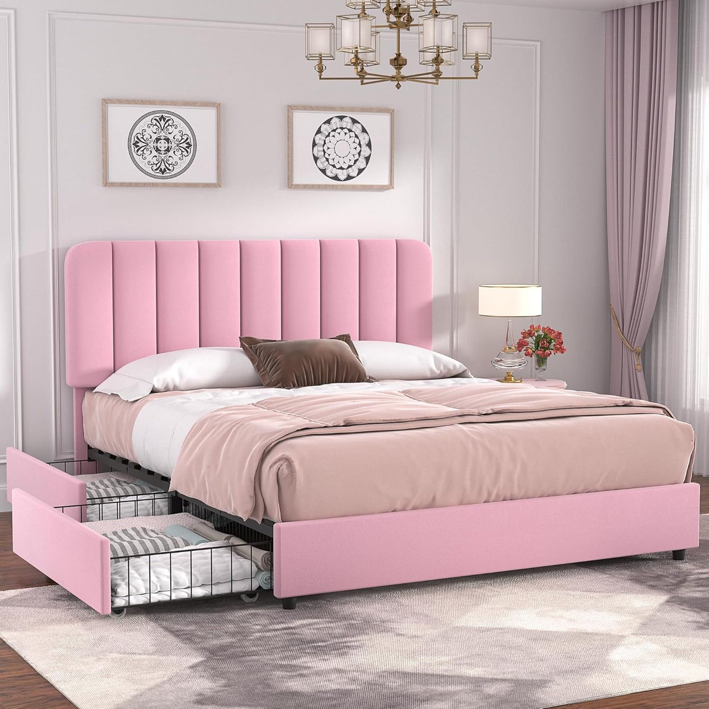 VECELO Full Size Upholstered Bed Frame with 4 Storage Drawers