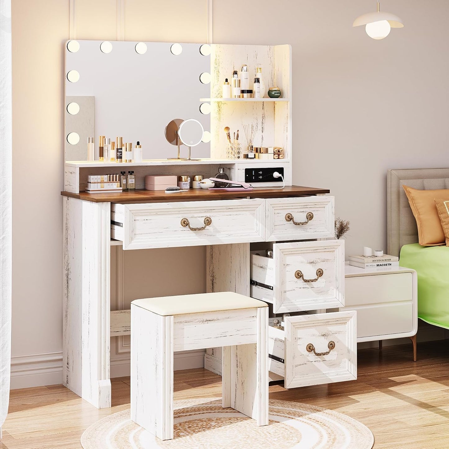 Rustic Vanity Desk with Lighted Hollywood Mirror