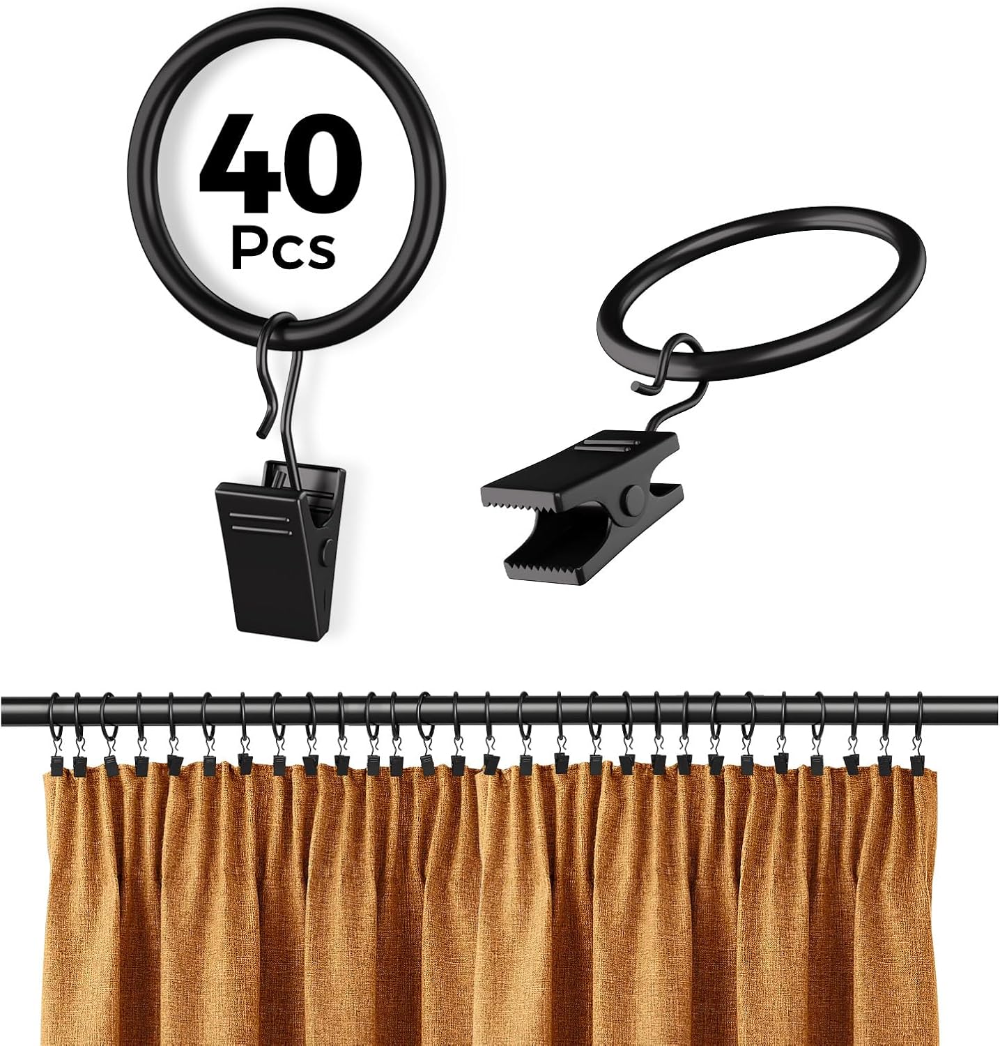 Black Curtain Rings 40 Pack - Easy Drapery Attachment