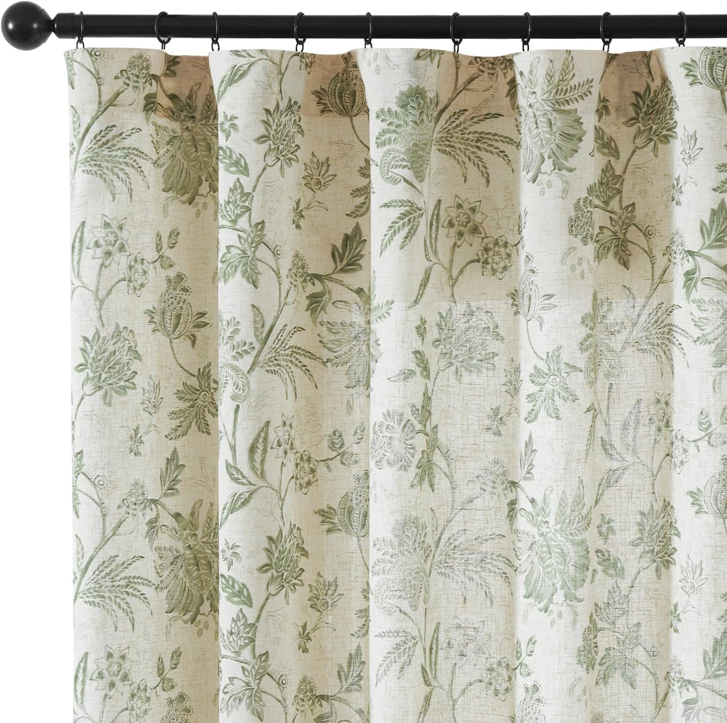 Vangao Linen Blend Green Floral Curtains for Light Filtering