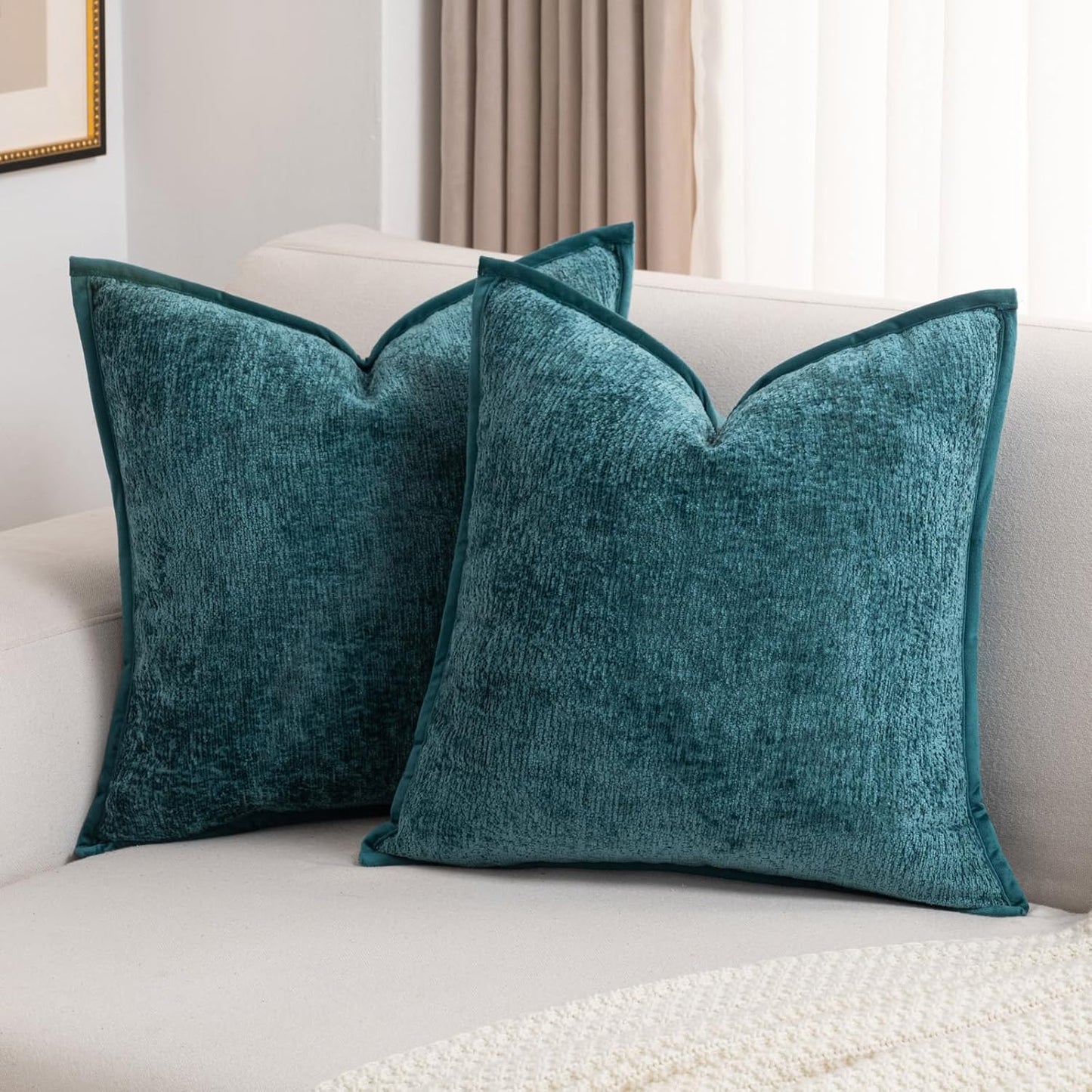 FUTEI Teal Chenille Throw Pillow Covers for Cozy Home Decor