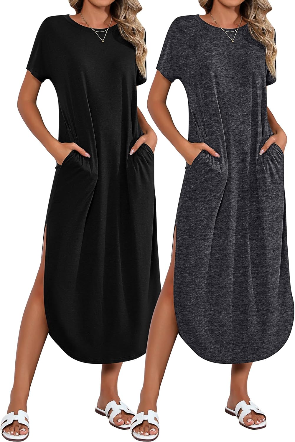 Riyiper Women's Short Sleeve Maxi Dress with Pockets for Summer