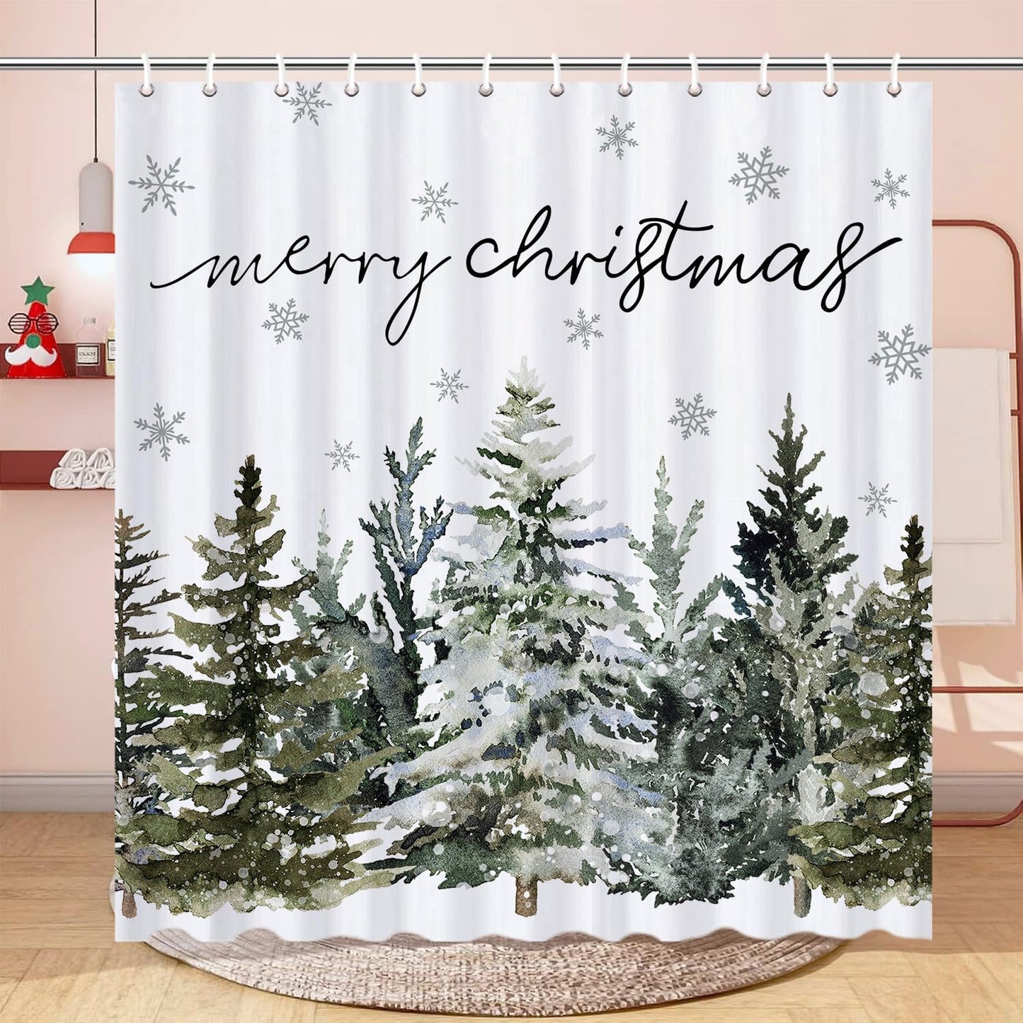 Waterproof Green Christmas Shower Curtain Set