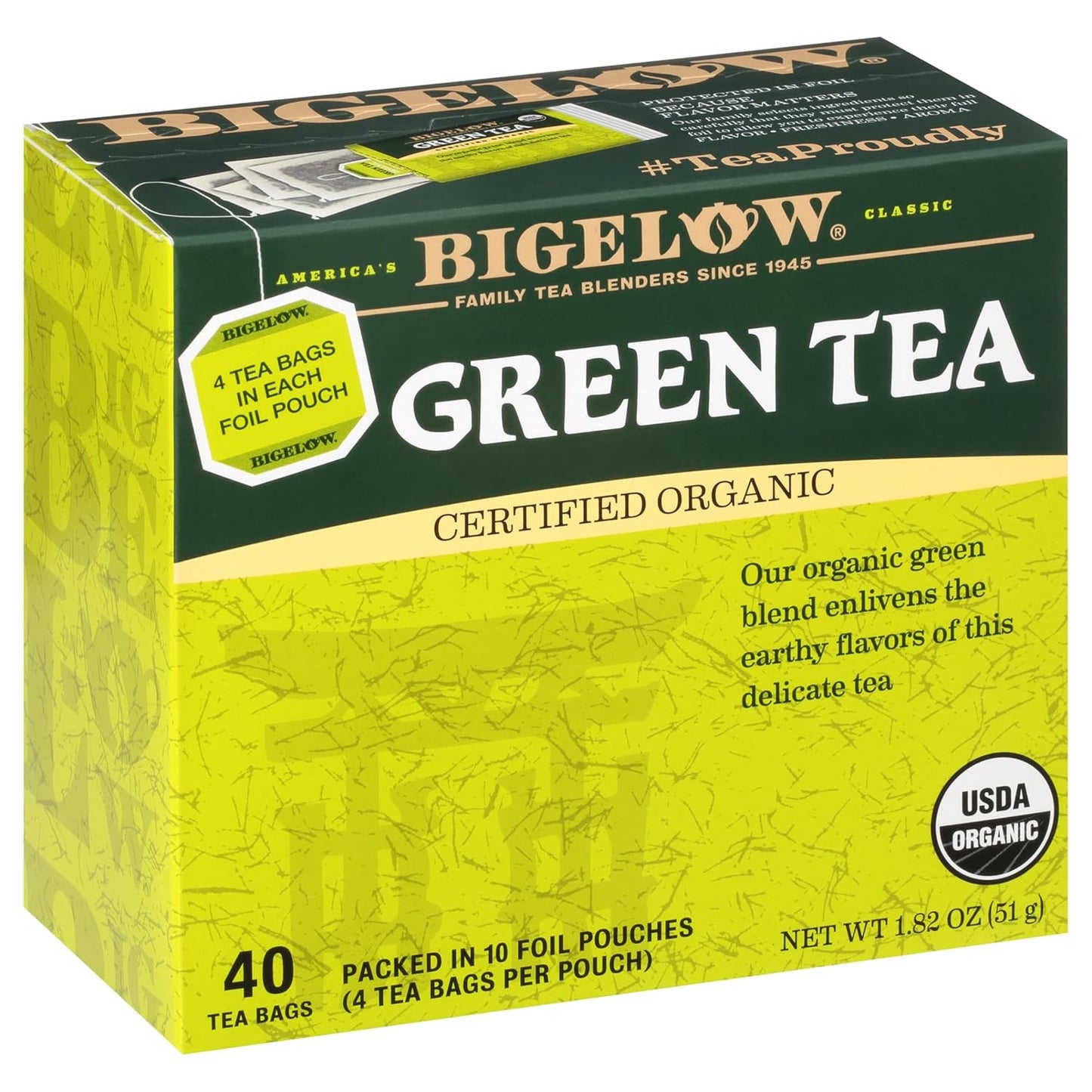 Bigelow Tea Organic Green Tea Bags - Caffeinated 40 Count Box