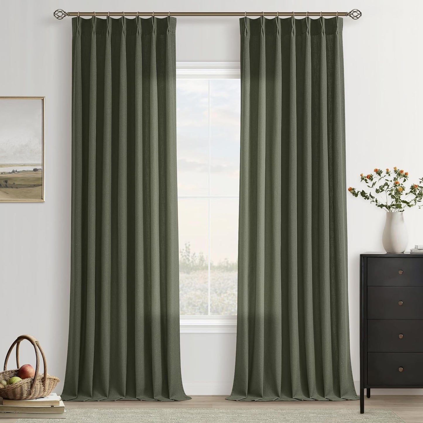 Dark Olive Linen Curtains 90 Inches Long for Living Room Decor