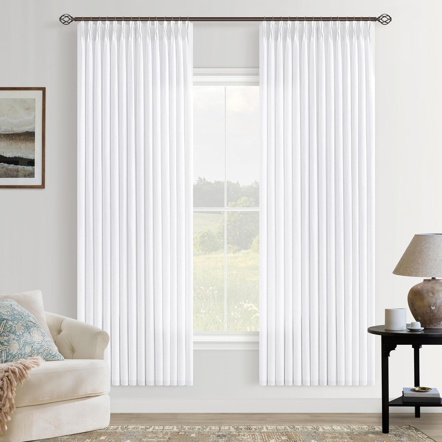 72 Inch White Pinch Pleated Linen Curtains for Elegant Living