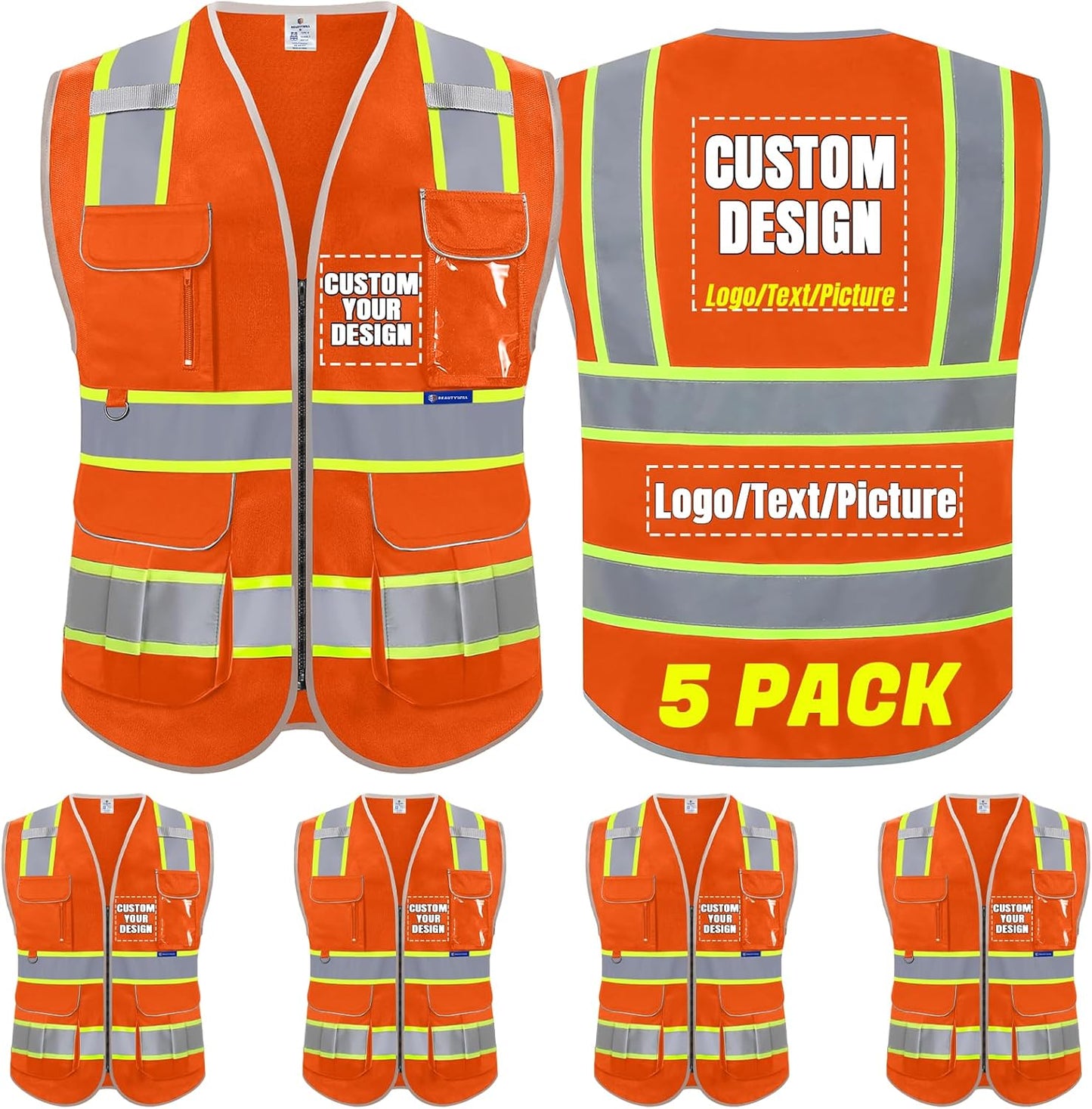 Custom Logo Safety Vest with 8 Pockets for High Visibility Work