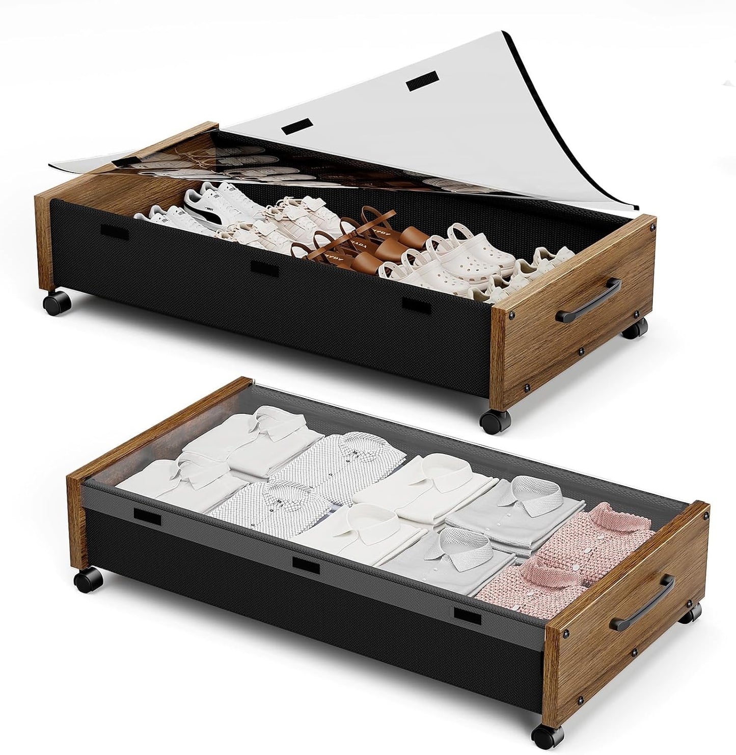 Wooden Under Bed Storage with Wheels for Clothes and Shoes