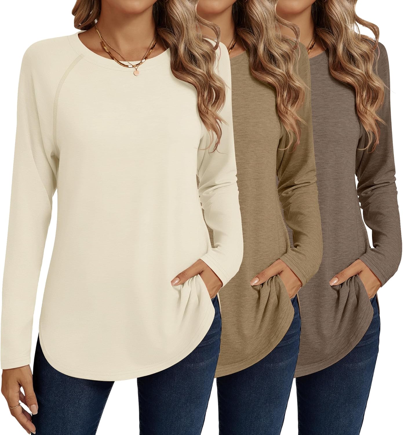Ficerd Women's Long Sleeve T-Shirts with Curved Hem and Side Slits