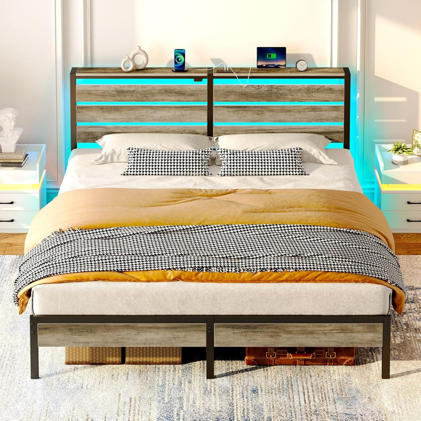 Rolanstar King Size Bed Frame with USB Charging Station and LED