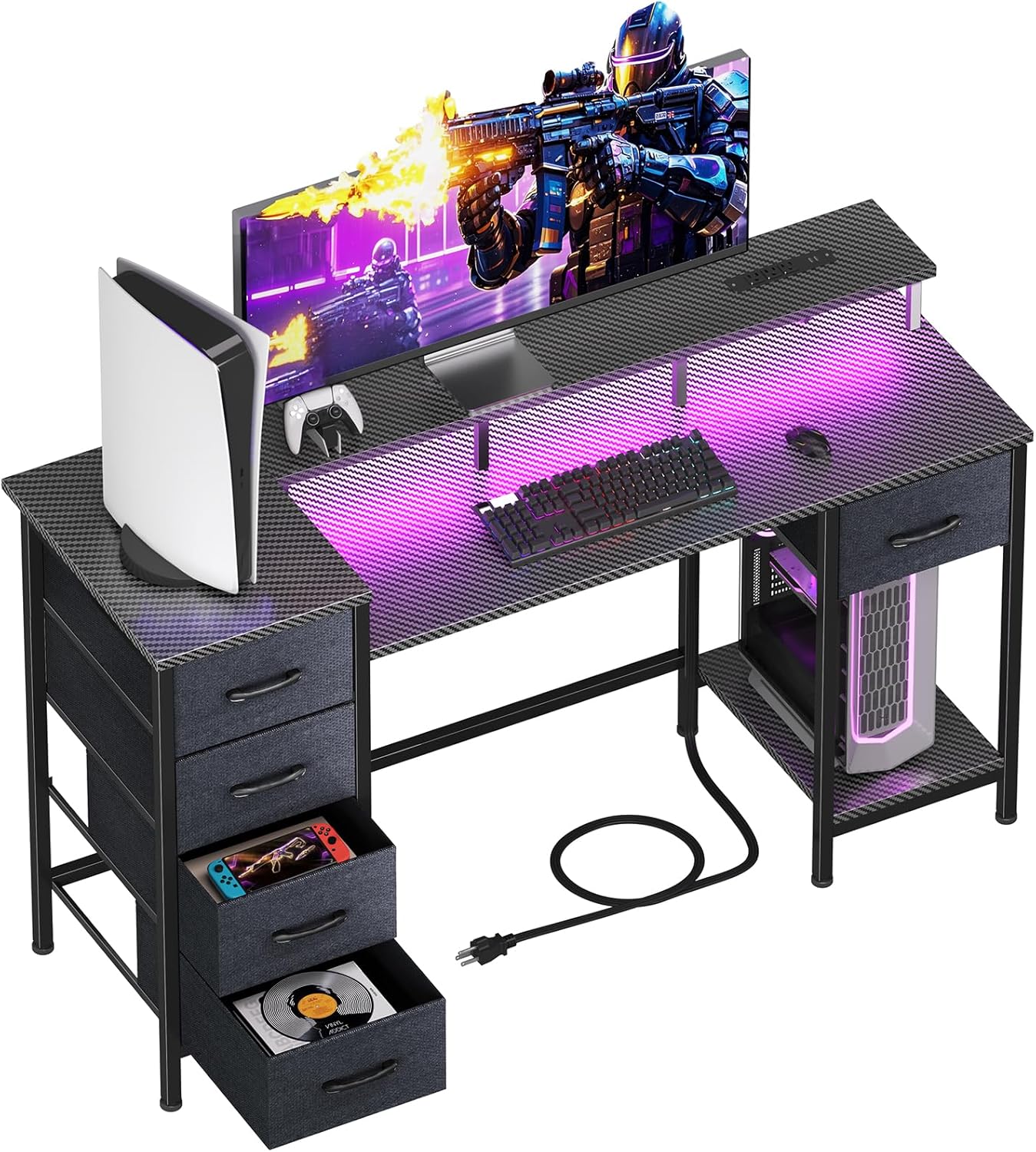 47 Inch Computer Gaming Desk with Power Outlets & LED Lights
