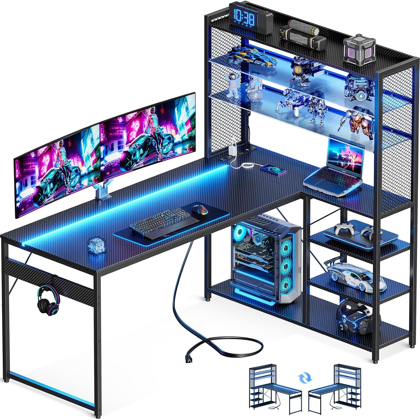 Reversible Gaming Desk with Power Outlet & LED Lights