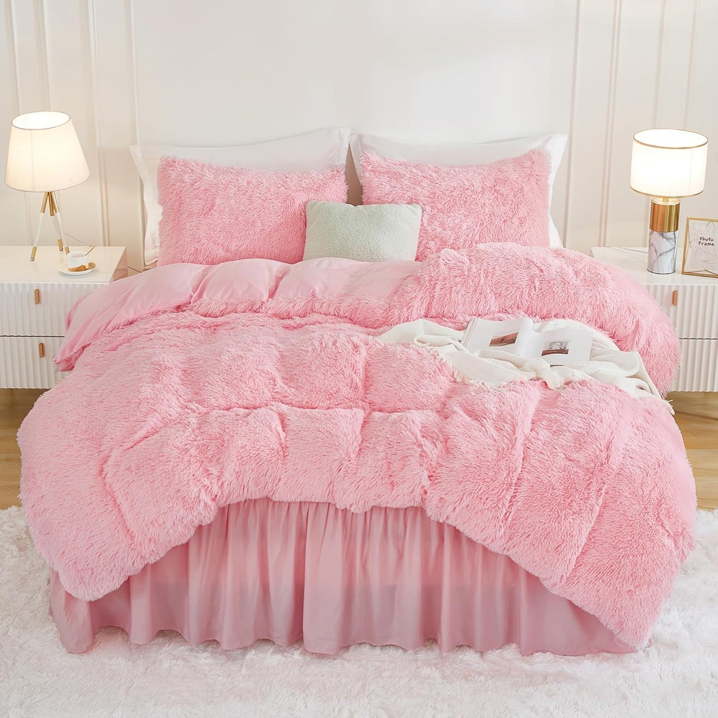Andency Pink Comforter Full Size Set - Fluffy Faux Fur Bedding