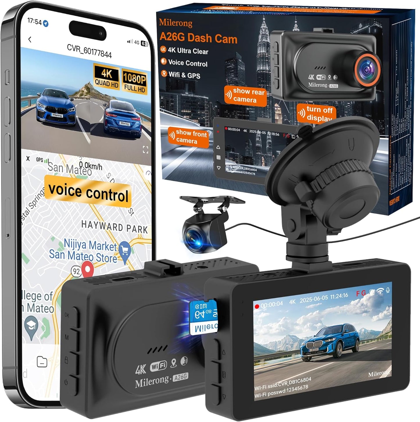 4K Dashcam Front and Rear Camera with Voice Control Features