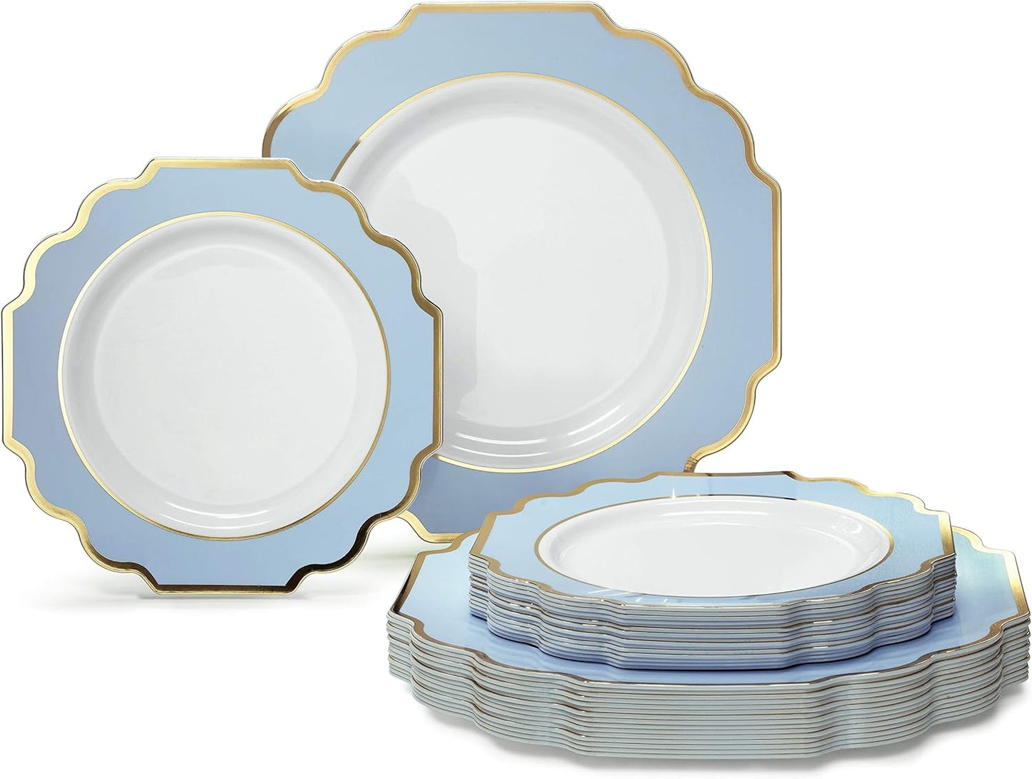 Imperial White/Blue/Gold Plastic Plate Set - Occasions Finest Tableware