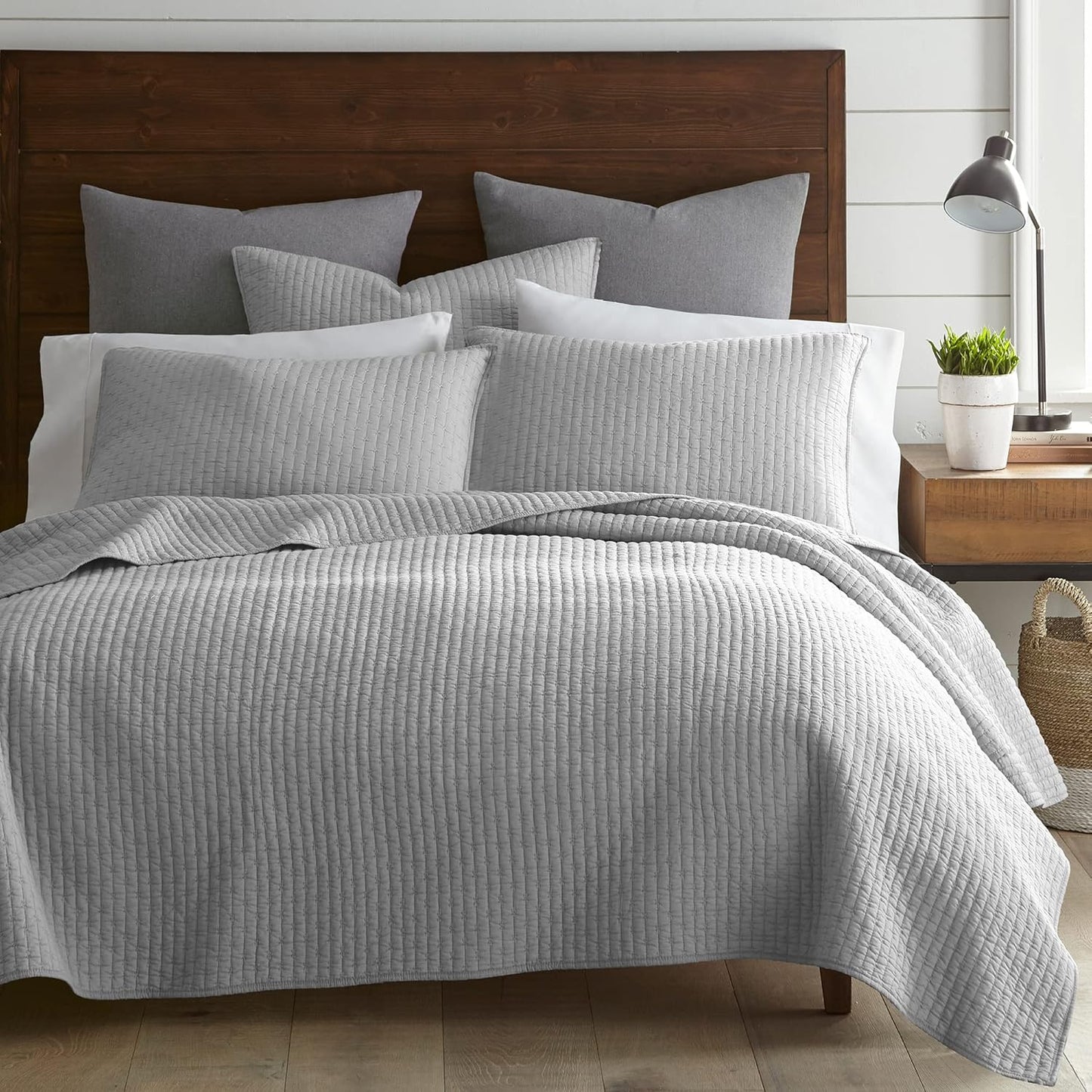 Levtex Home Cross Stitch Light Grey Quilt Set for King Beds