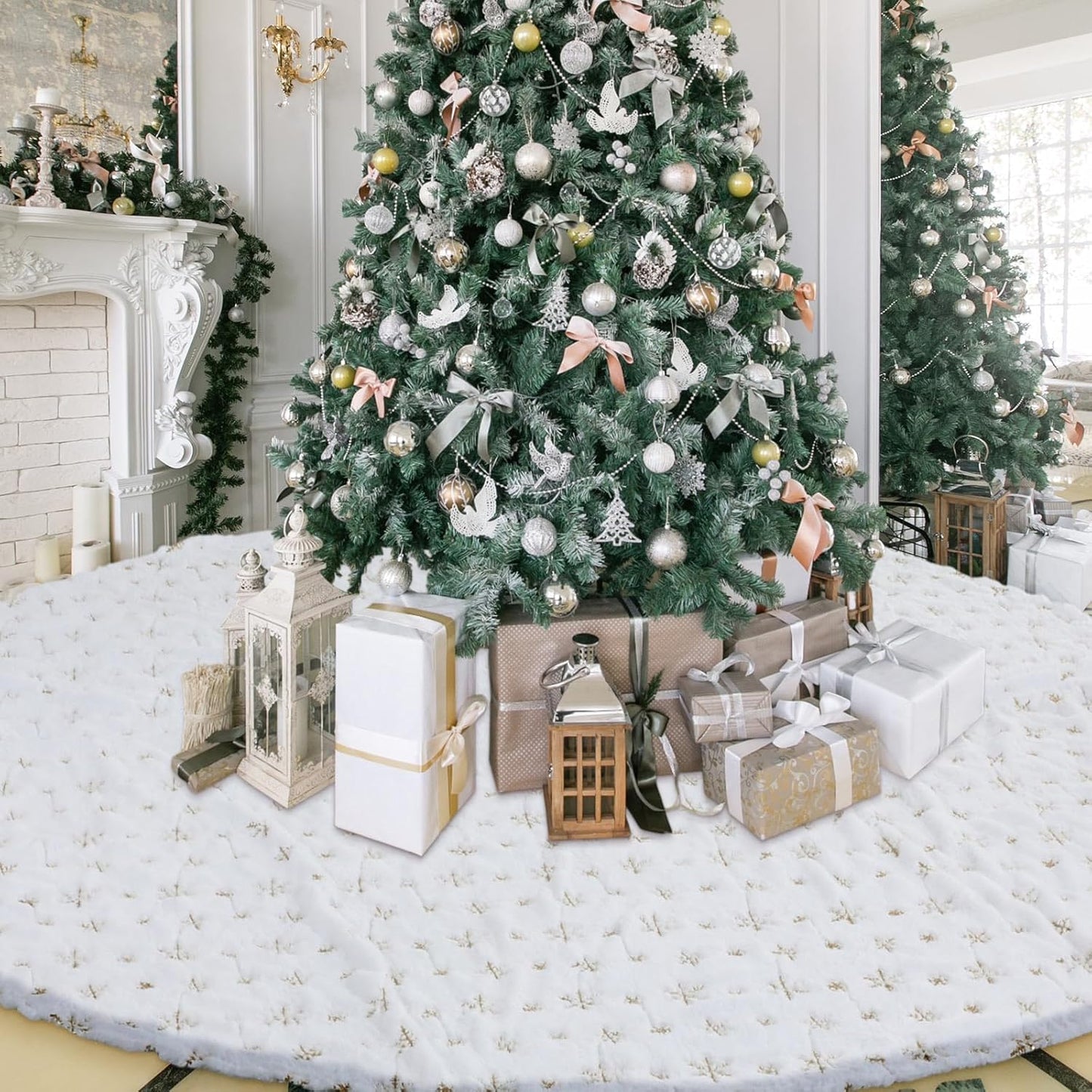 Large 100 Inch Christmas Tree Skirt with Gold Sequins Design