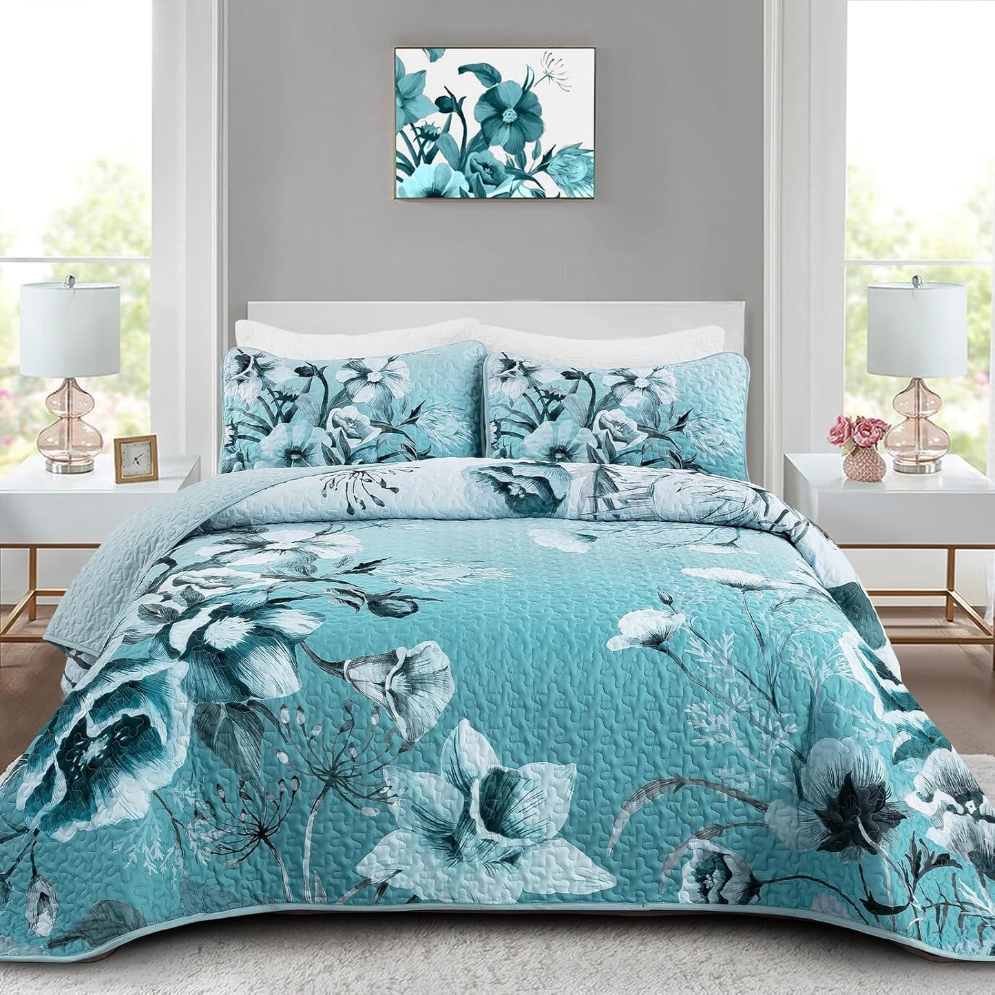 Blue Floral Quilt Set King Size Soft Microfiber Bedspread