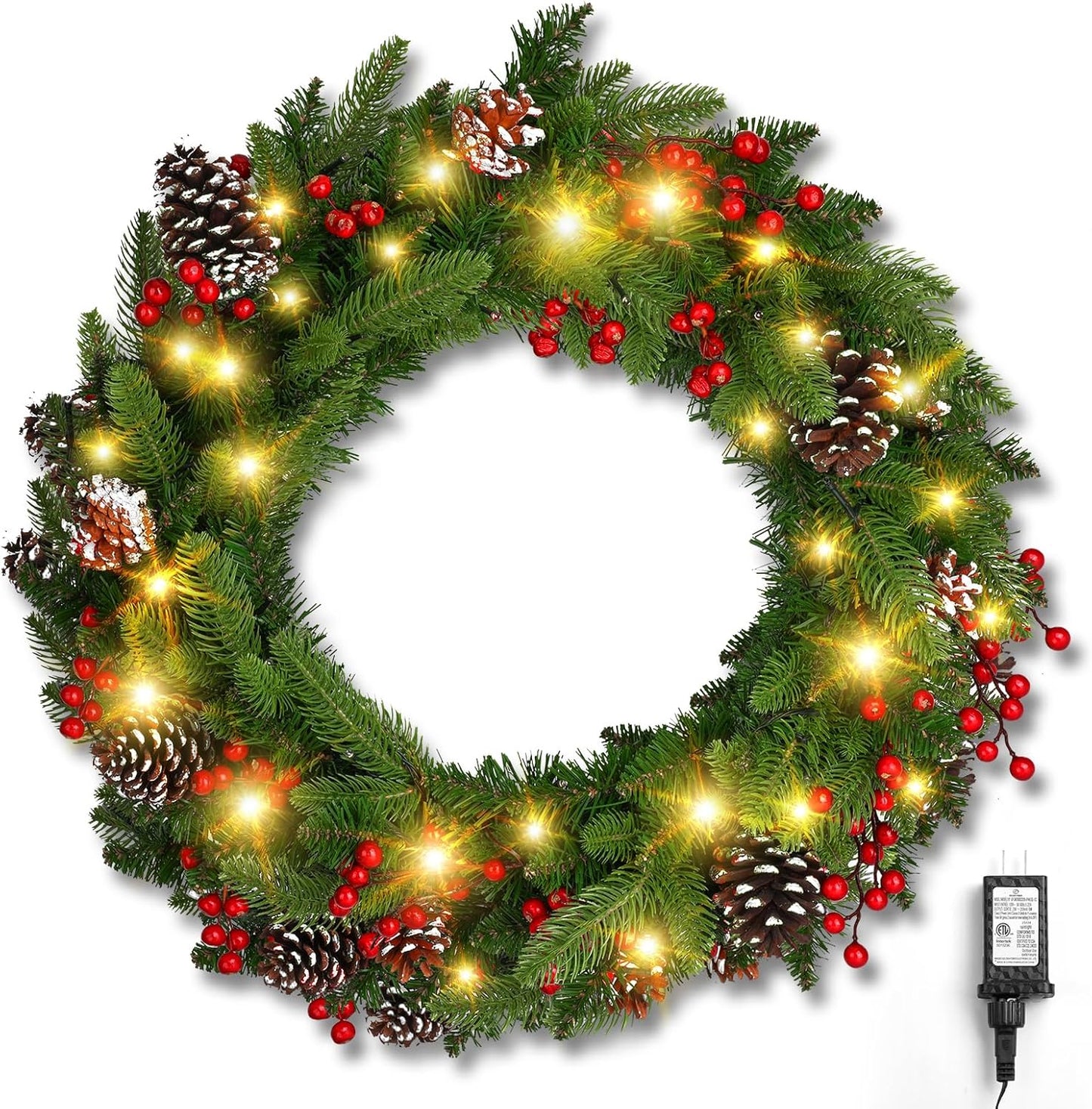 24 Inch Pre-Lit Artificial Christmas Wreath with 50 Lights for Door