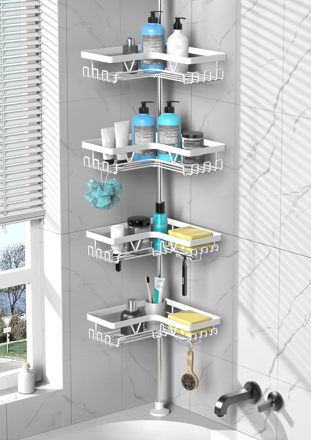 Stainless Steel Shower Caddy Tension Pole Corner Organizer