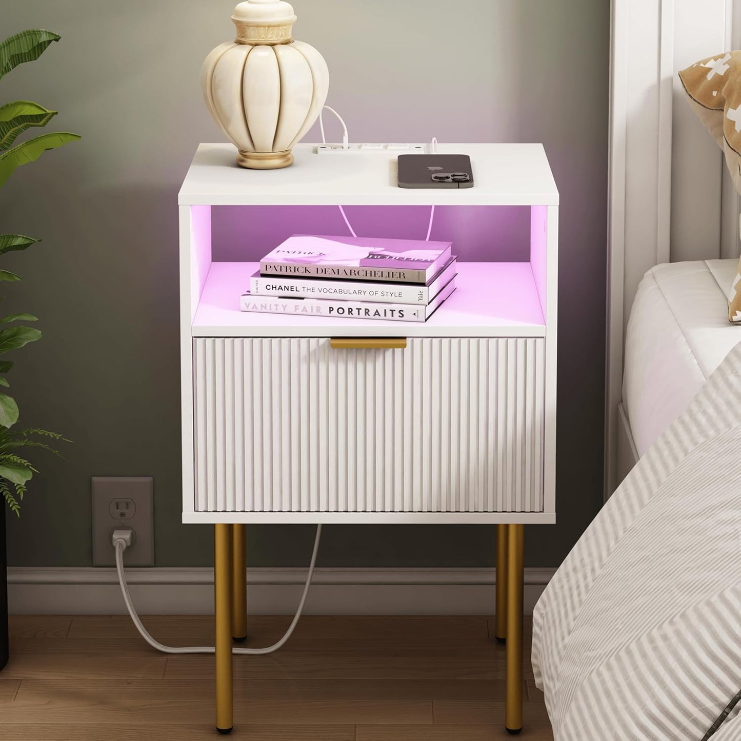 Modern Nightstand with Charging Station and LED Lights for Home