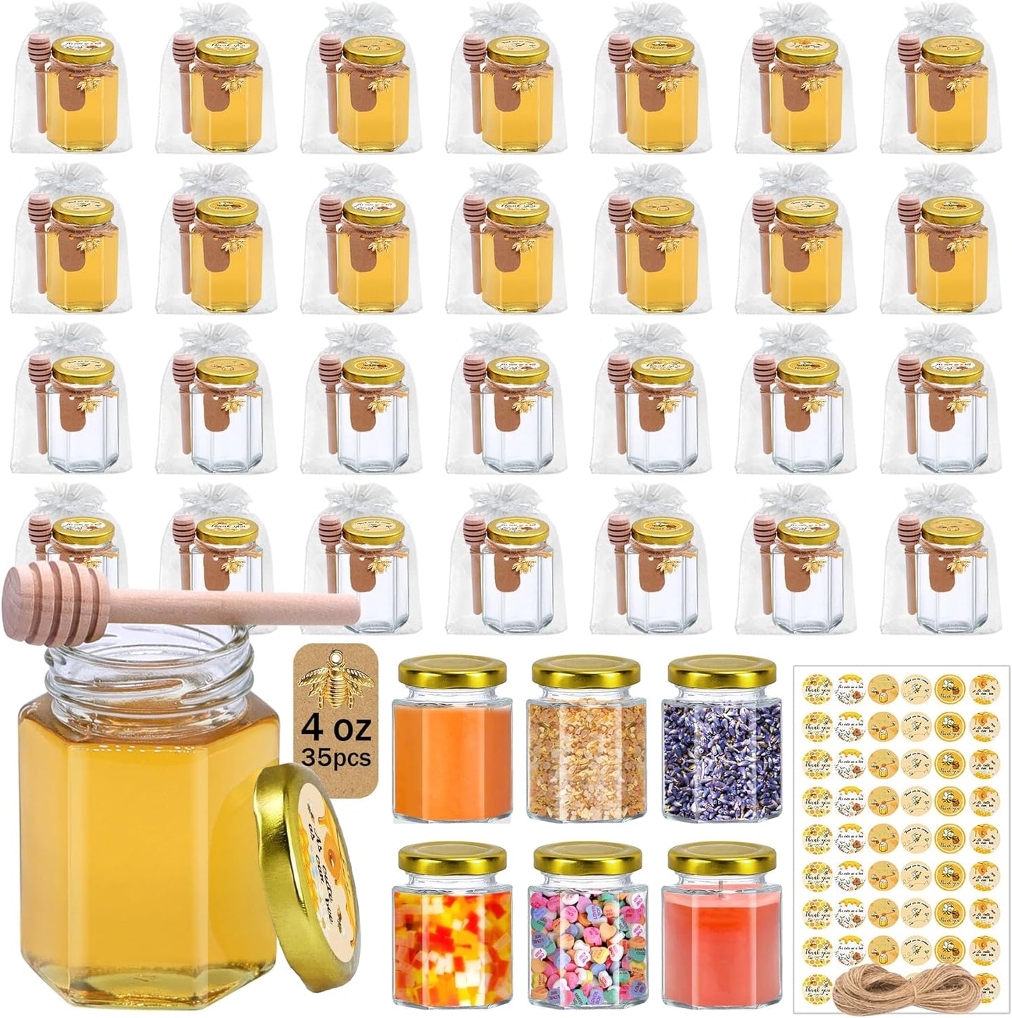 Mini Honey Jars Set for Party Favors - 35 Pack with Dippers