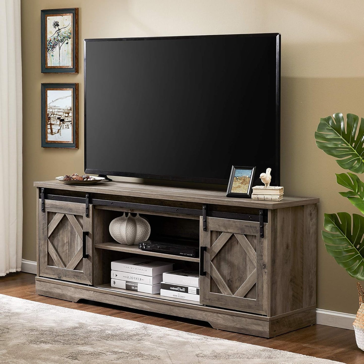 65 Farmhouse Sliding TV Stand, Modern Storage & Style