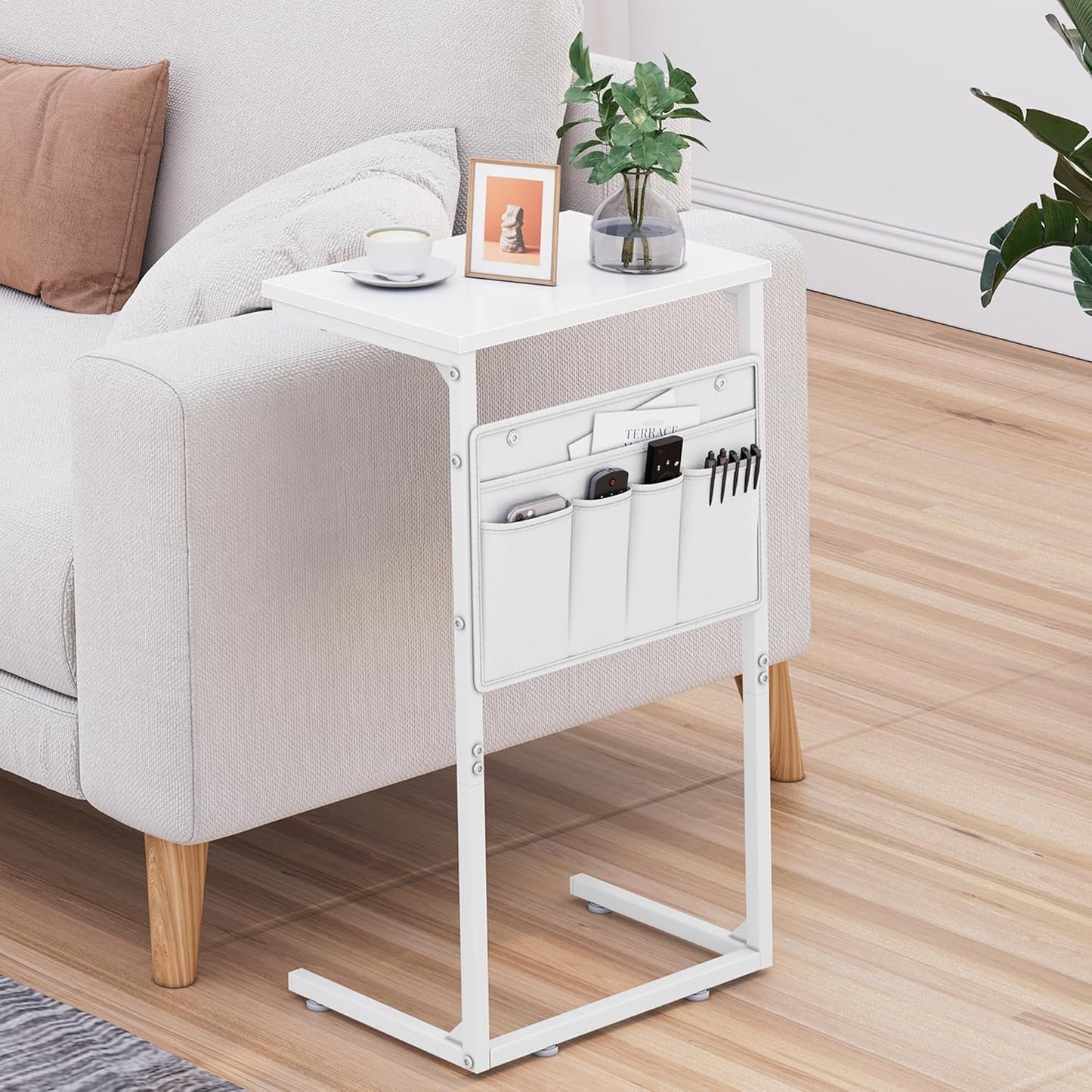 Vagusicc White C-Shaped End Table: Convenient Slide Under Sofa Design