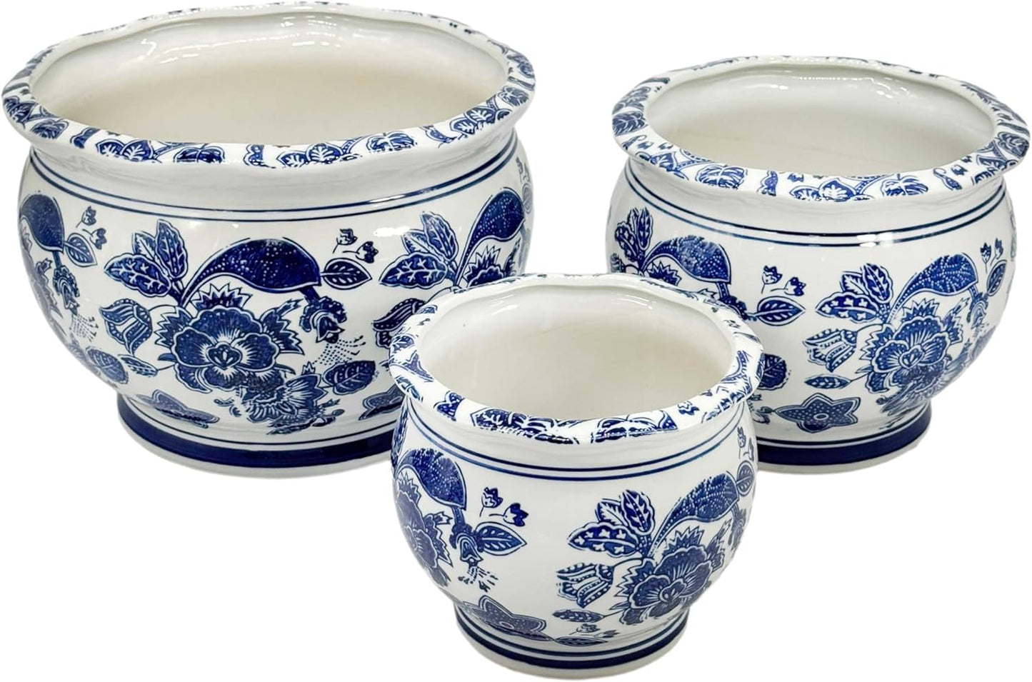 Floral Blue & White Round Ceramic Planter Set of 3 for Elegance