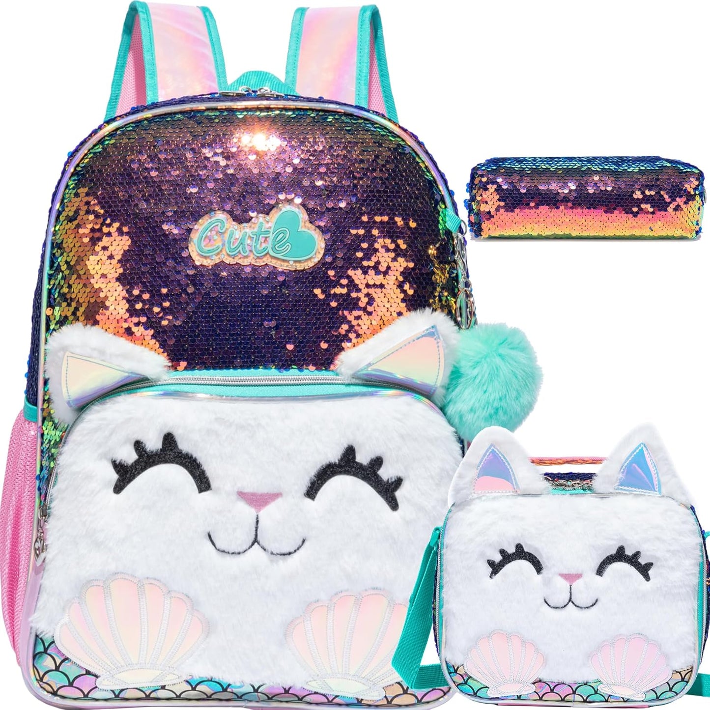Meetbelify Cute Cat Sequin Backpack for Girls - 3 in 1 Set