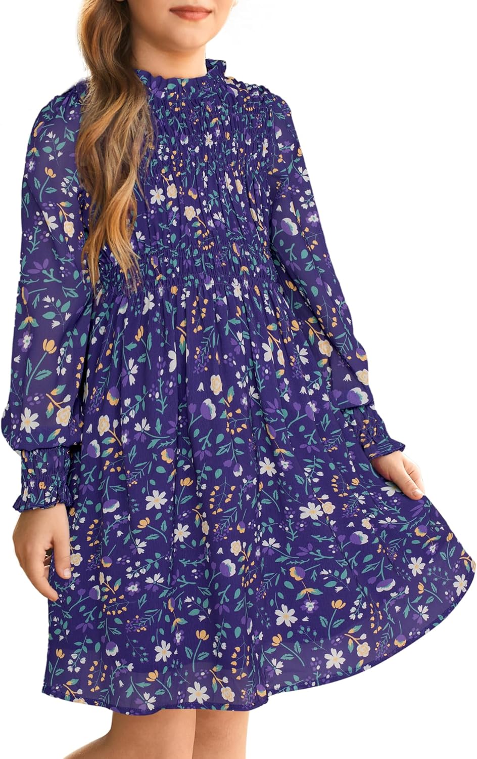 Girls' Fall Long Sleeve Floral Midi Dress for Special Occasions