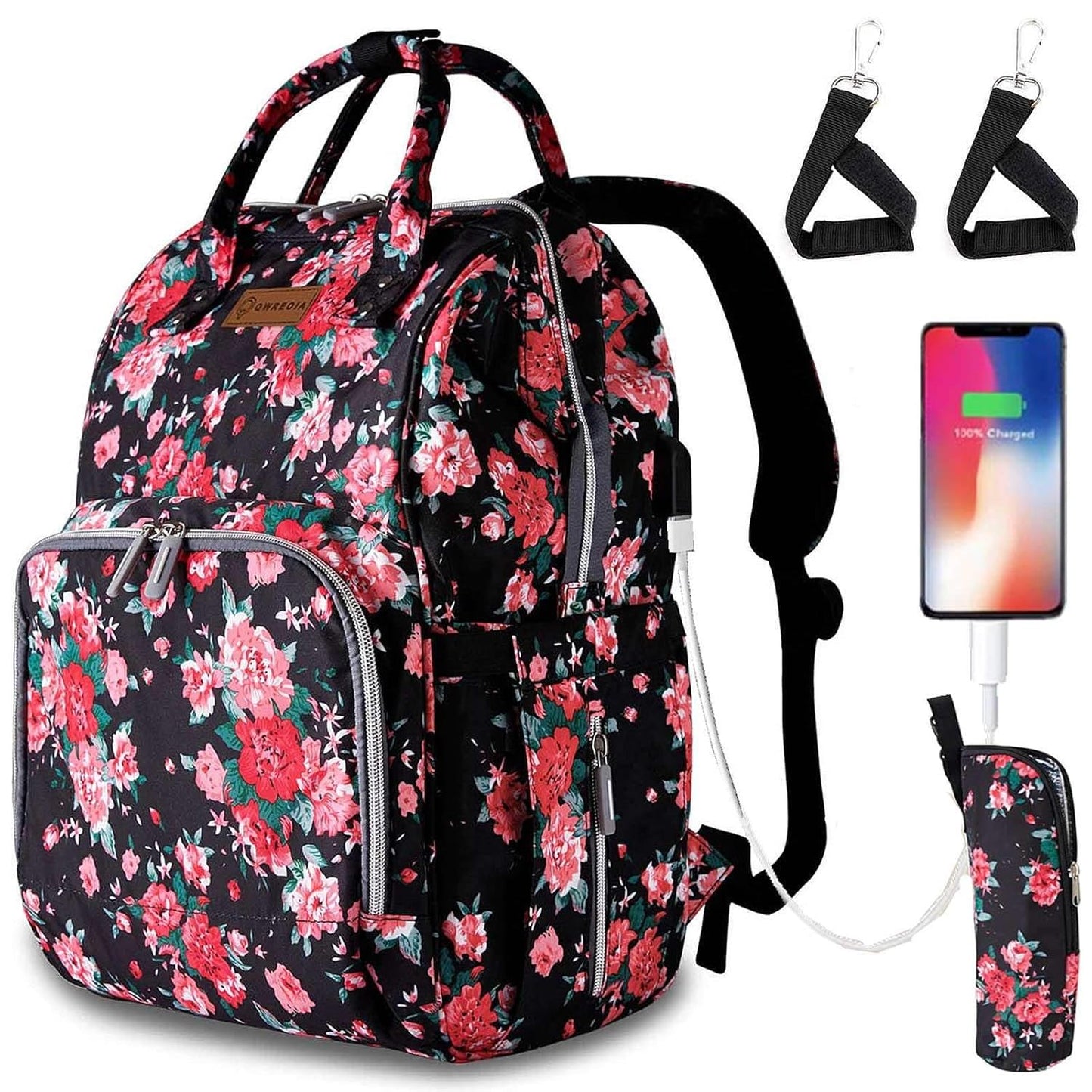 Floral Diaper Bag Backpack with USB Charging Port and Straps