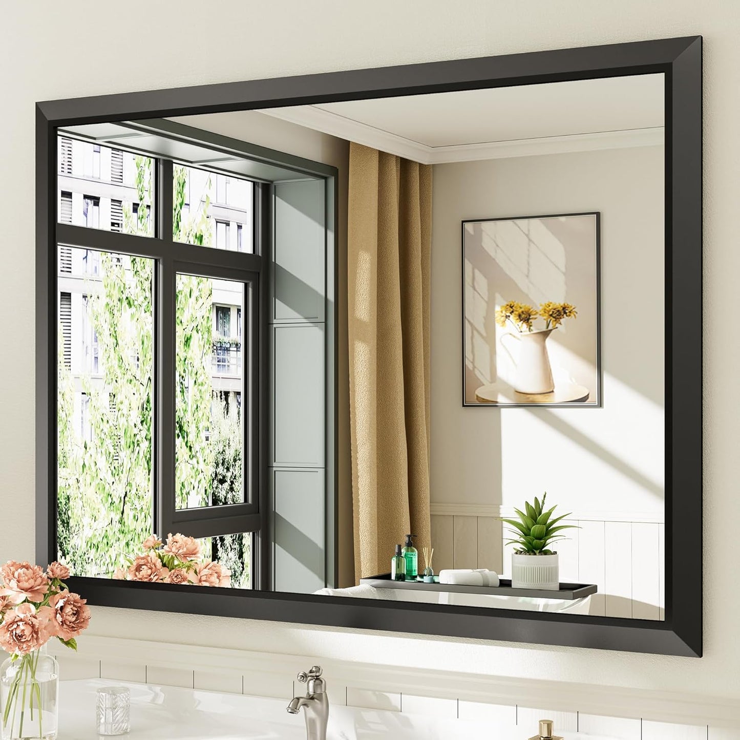 48x36 Inch Black Bathroom Mirror with Thick Metal Frame